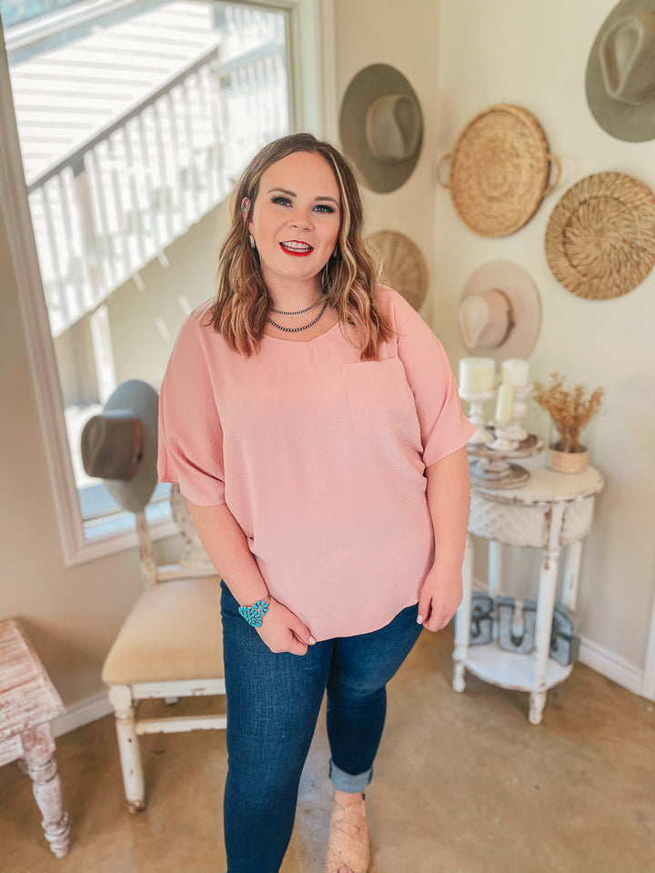 On Record V Neck Short Sleeve Shift Top with Front Pocket in Baby Pink - Giddy Up Glamour Boutique
