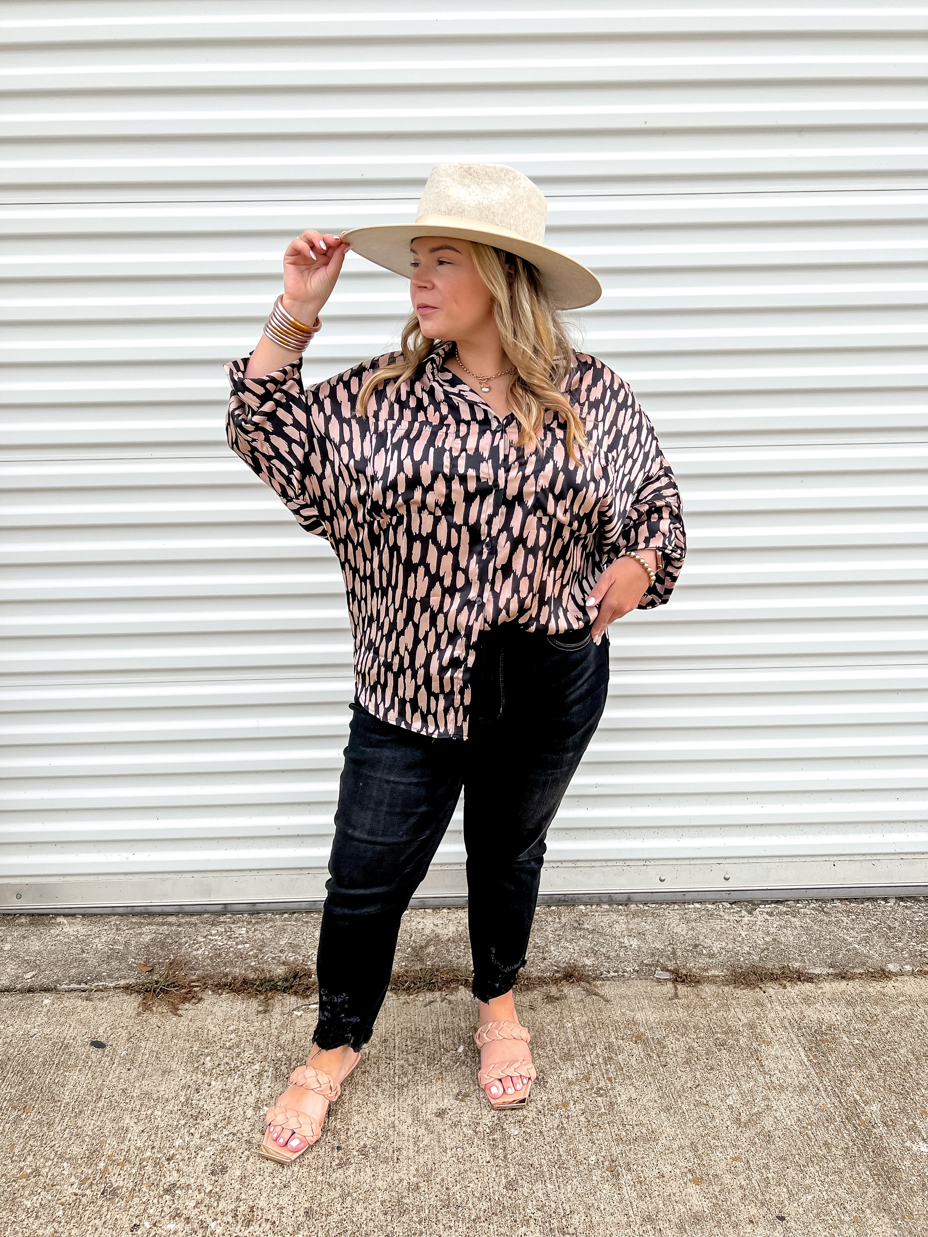 Going Places Button Up Satin Animal Print Top with Long Sleeves in Black - Giddy Up Glamour Boutique