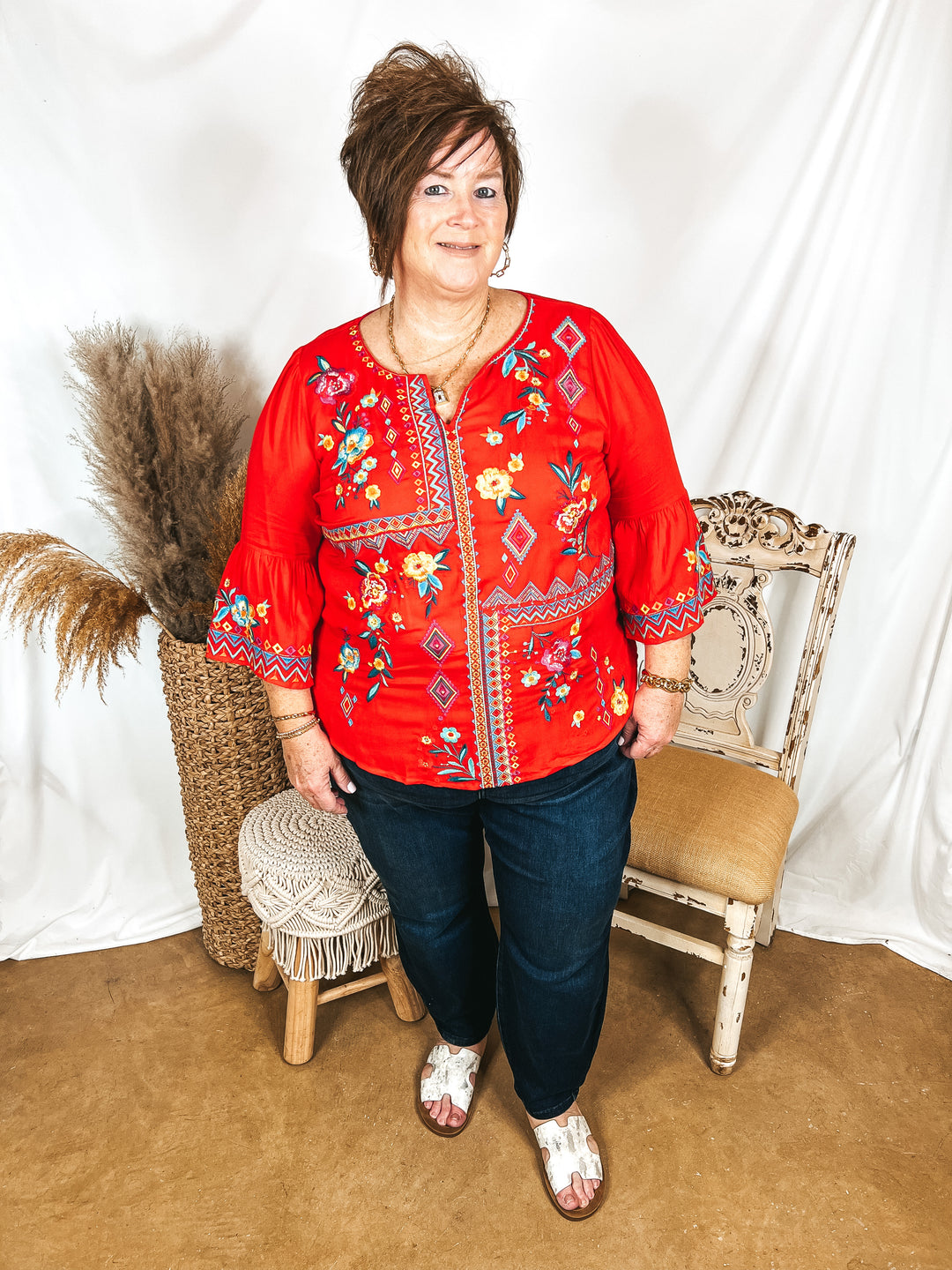 Light the Way 3/4 Sleeve Embroidered Top with Notched Neck in Red - Giddy Up Glamour Boutique