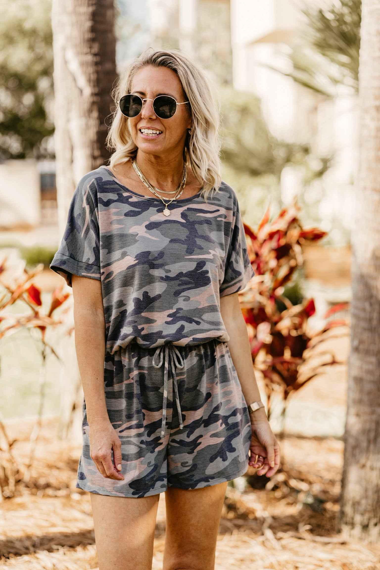 Let Me Loose Short Sleeve Drawstring Waist Tee Shirt Romper in Camouflage - Giddy Up Glamour Boutique