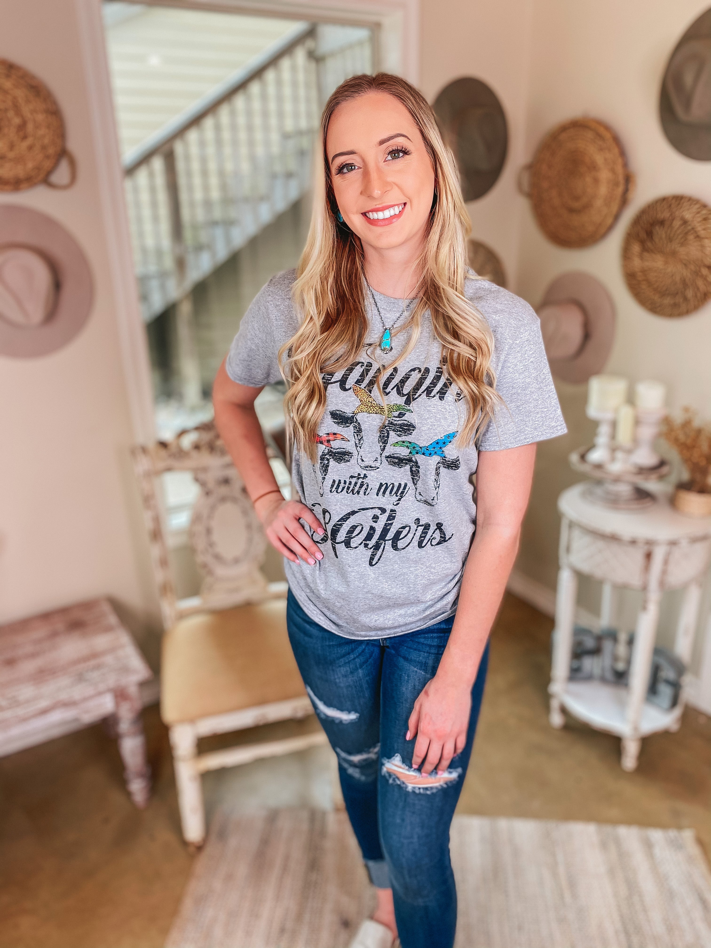 Online Exclusive | Hangin' with my Heifers Cow Short Sleeve Graphic Tee in Heather Grey - Giddy Up Glamour Boutique