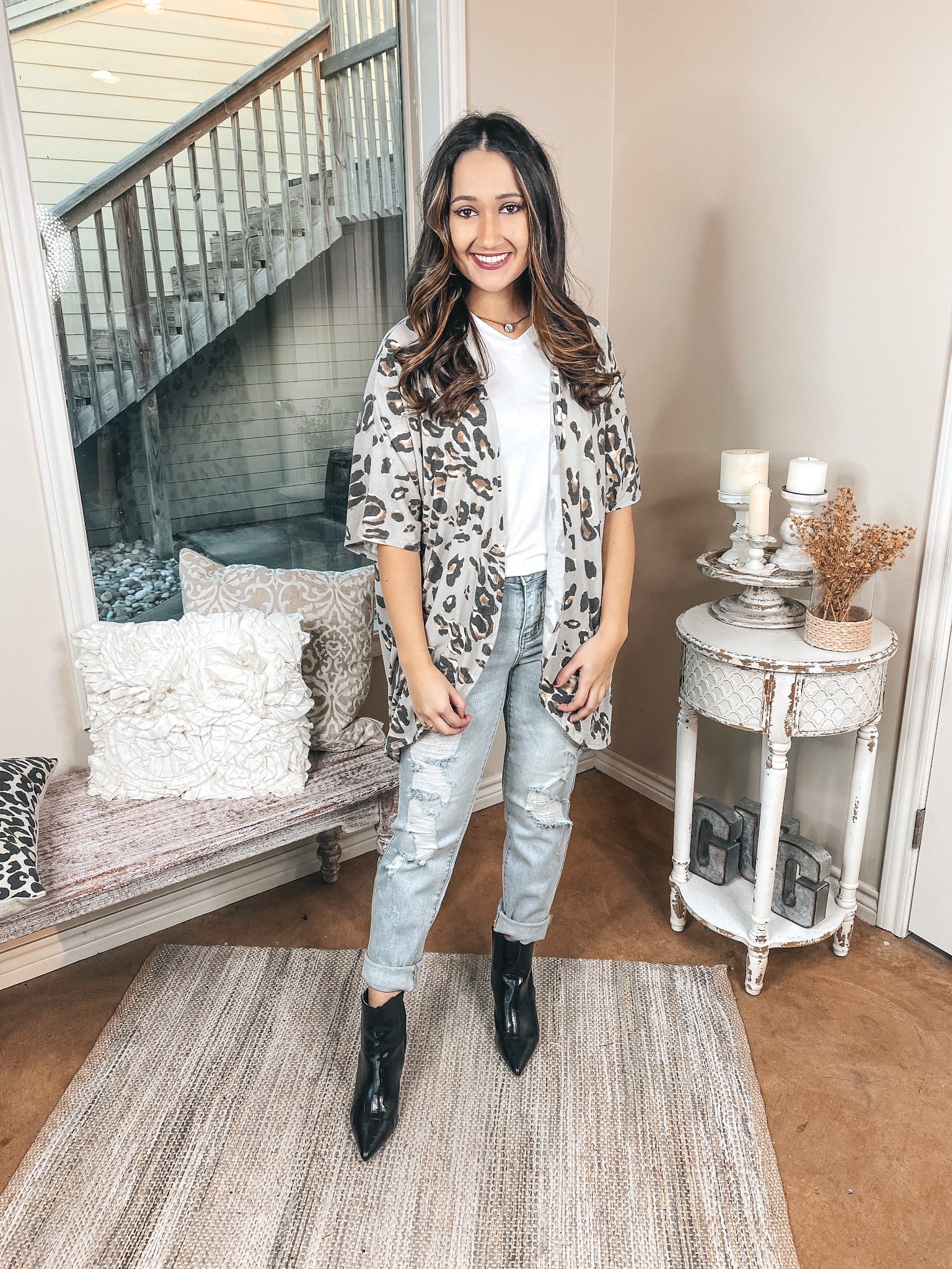 Ahead Of The Trend Leopard Short Drop Sleeve Cardigan in Grey - Giddy Up Glamour Boutique