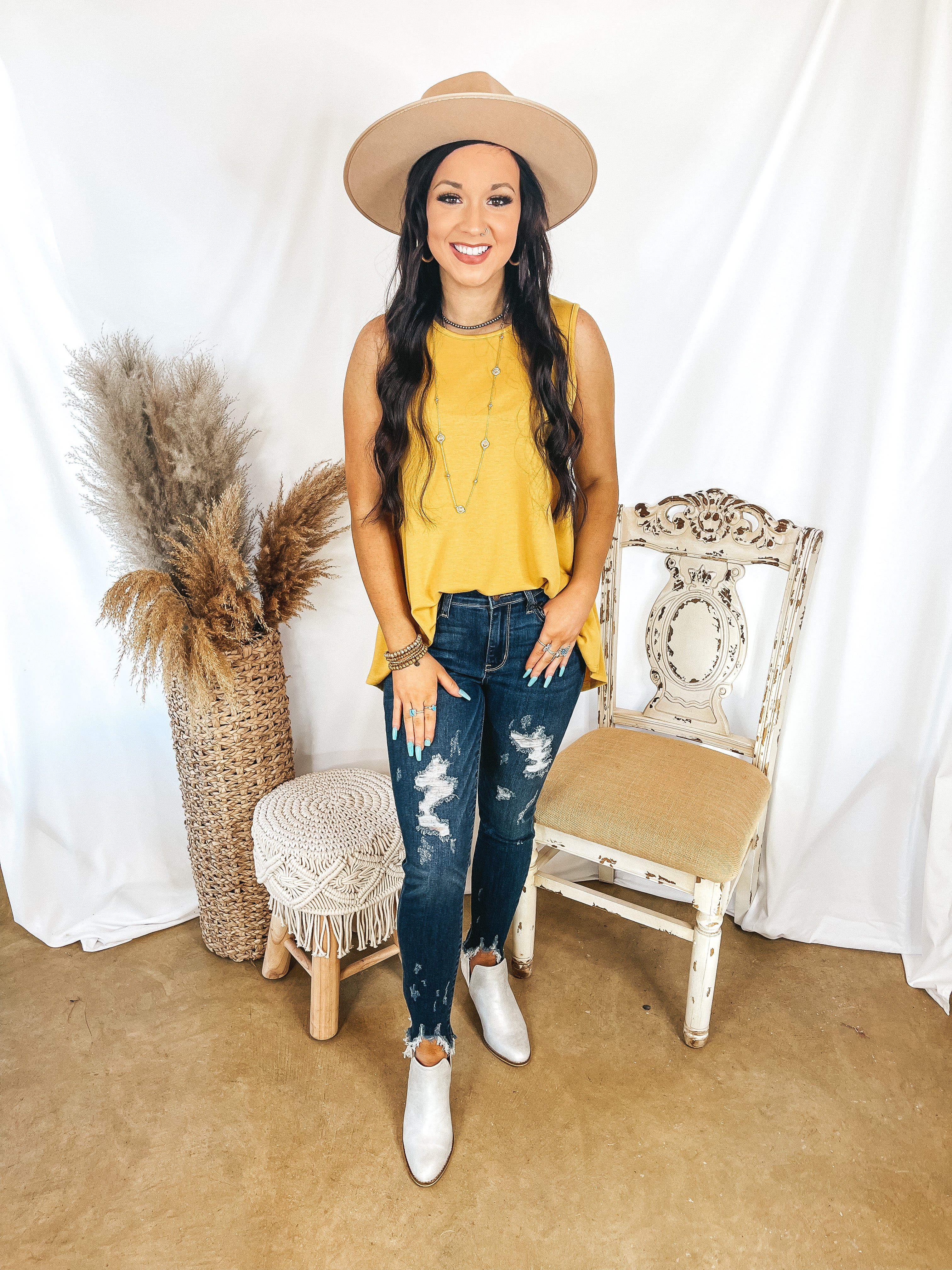 Give Me Joy Solid Knit A-Line Tank Top in Mustard Yellow - Giddy Up Glamour Boutique