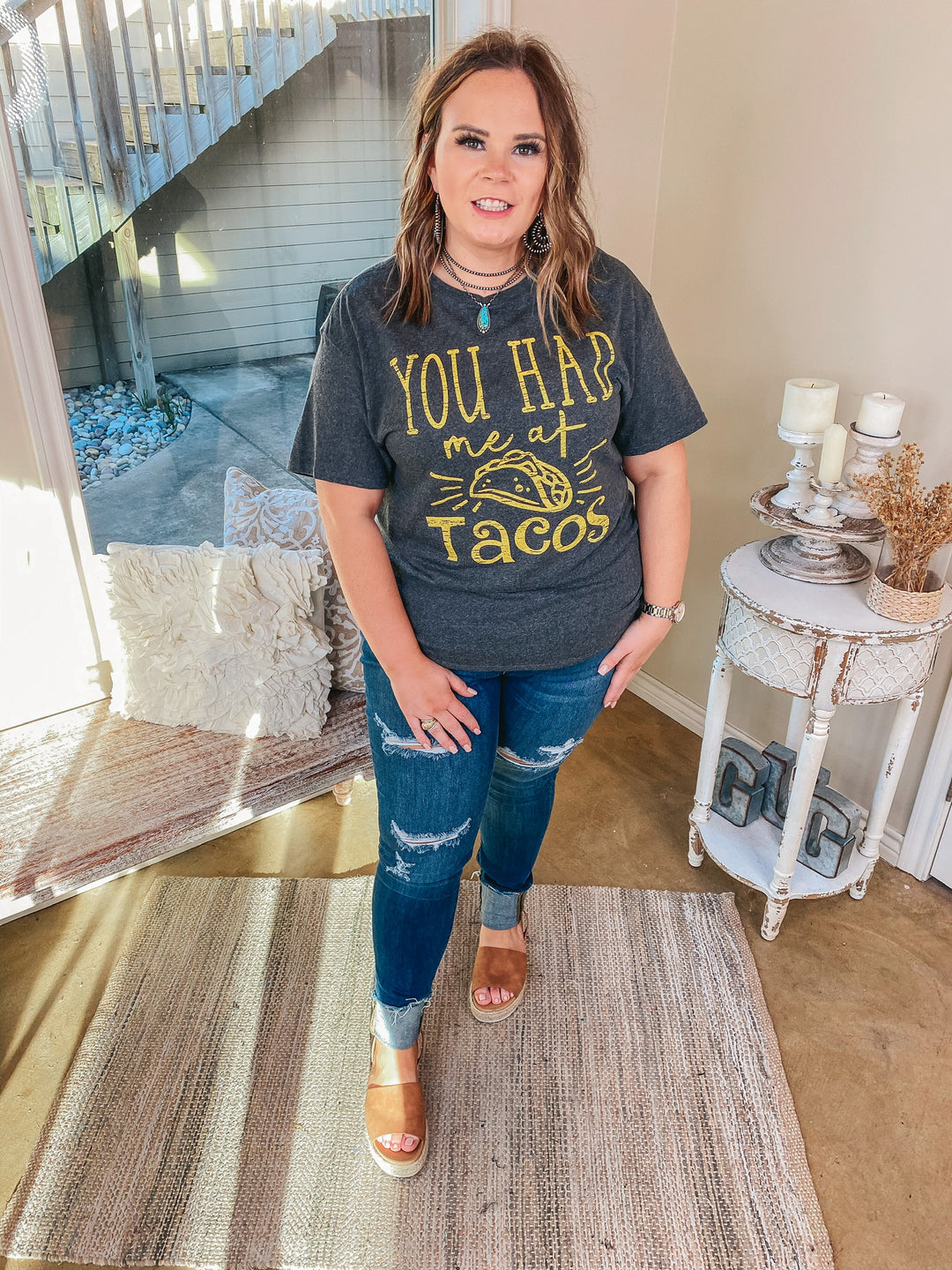 You Had Me at Tacos Short Sleeve Graphic Tee in Charcoal Grey - Giddy Up Glamour Boutique