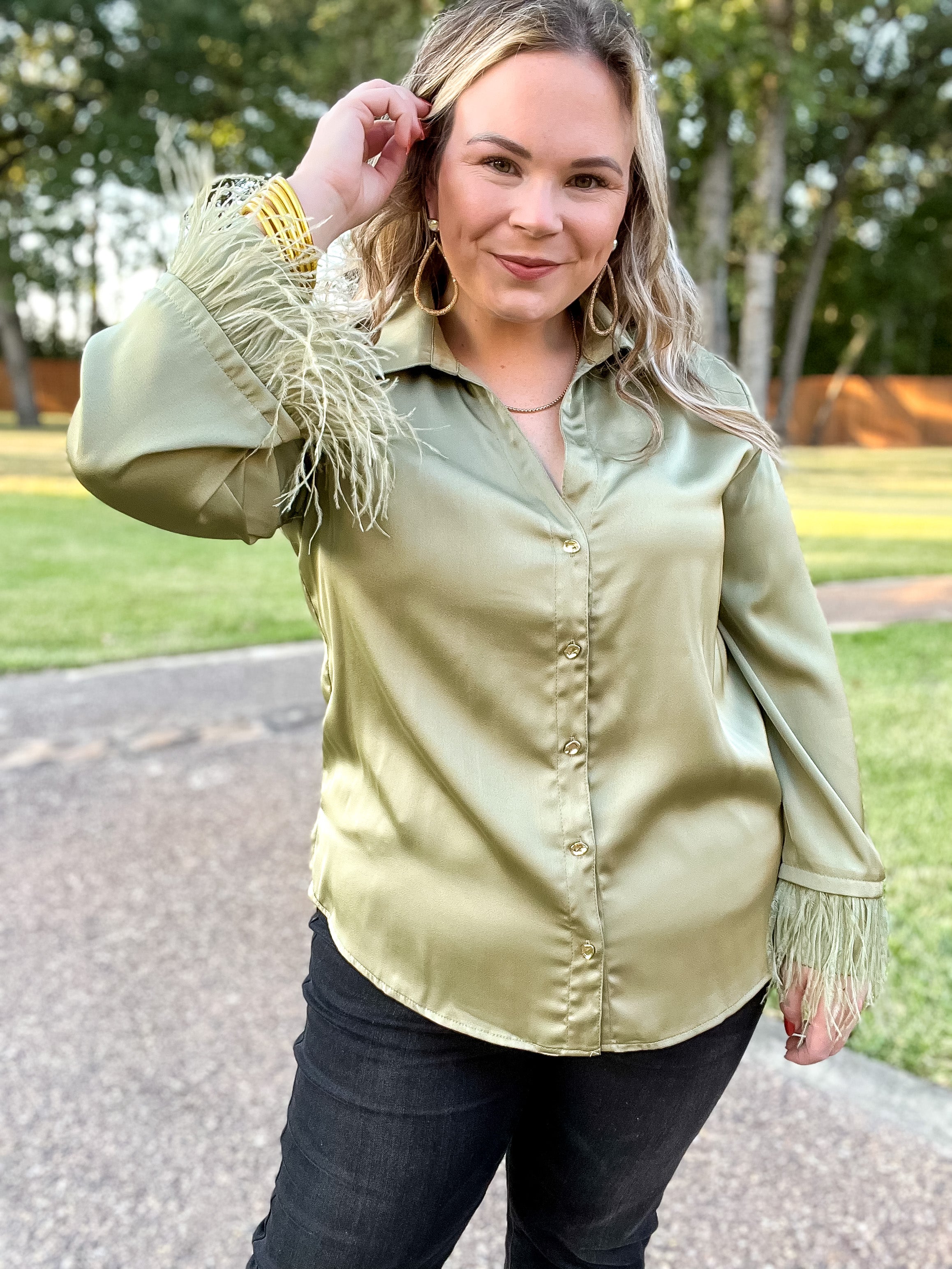 Take a Chance Satin Button Up Top with Feather Trim Long Sleeves in Olive Green - Giddy Up Glamour Boutique