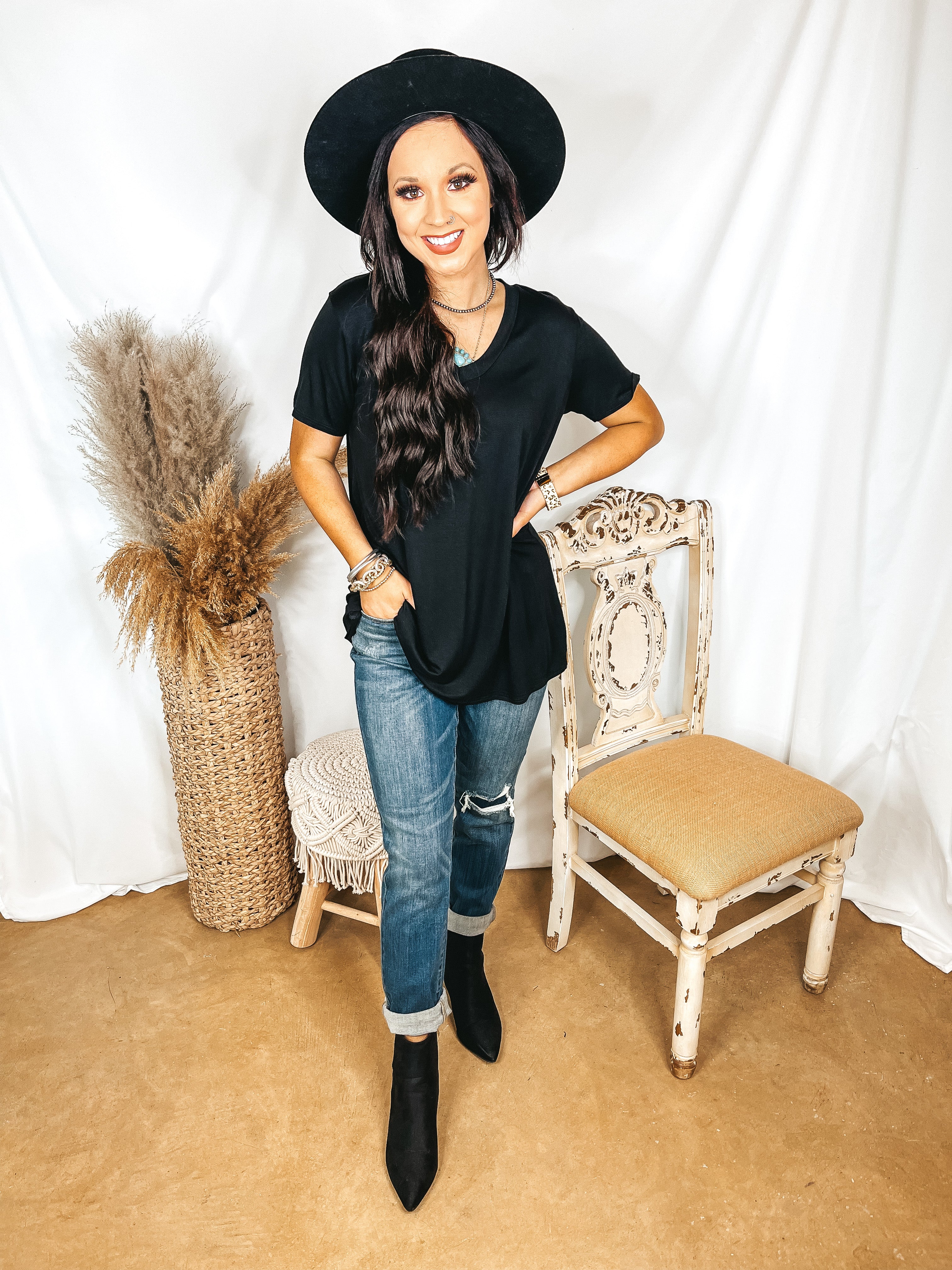 It's That Simple Solid V Neck Tee in Black - Giddy Up Glamour Boutique