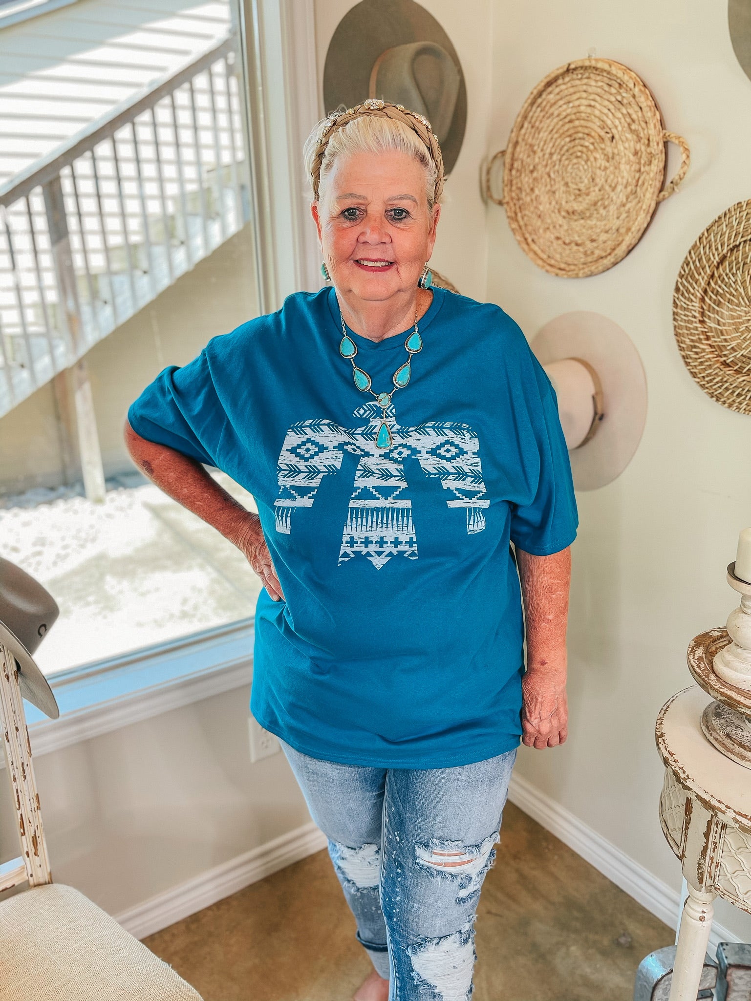 Wind in Winslow Aztec Thunderbird Short Sleeve Graphic Tee in Dark Teal - Giddy Up Glamour Boutique
