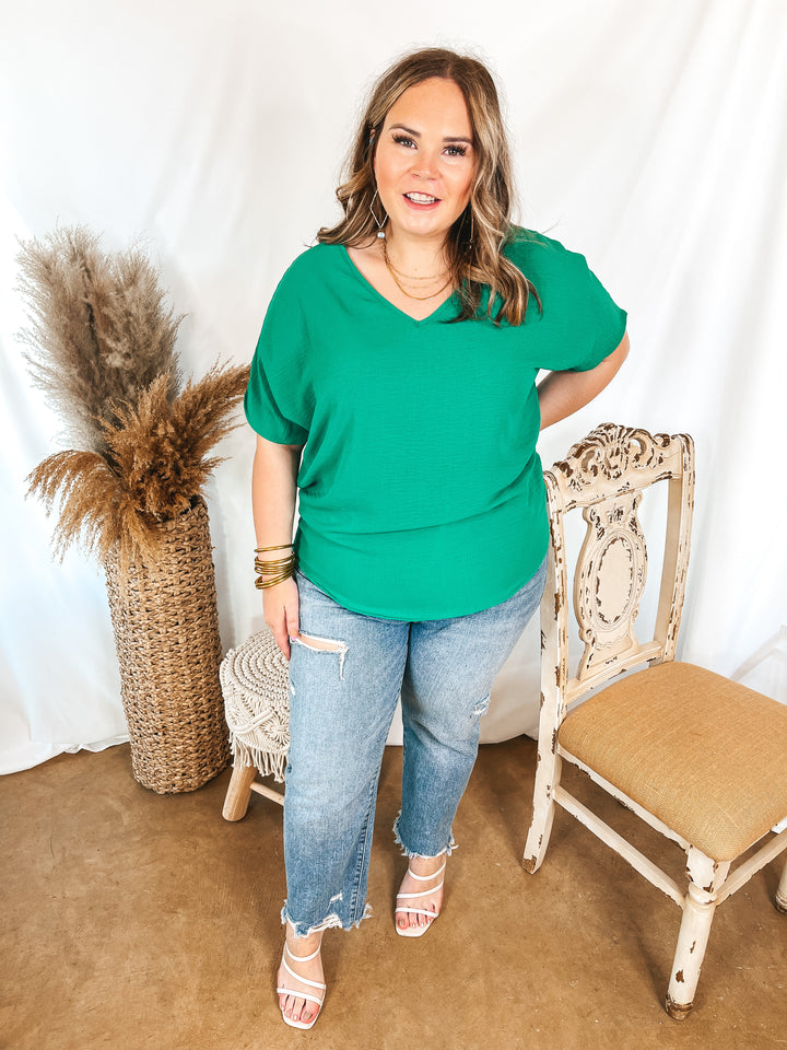Lovely Dear V Neck Short Sleeve Solid Top in Green - Giddy Up Glamour Boutique