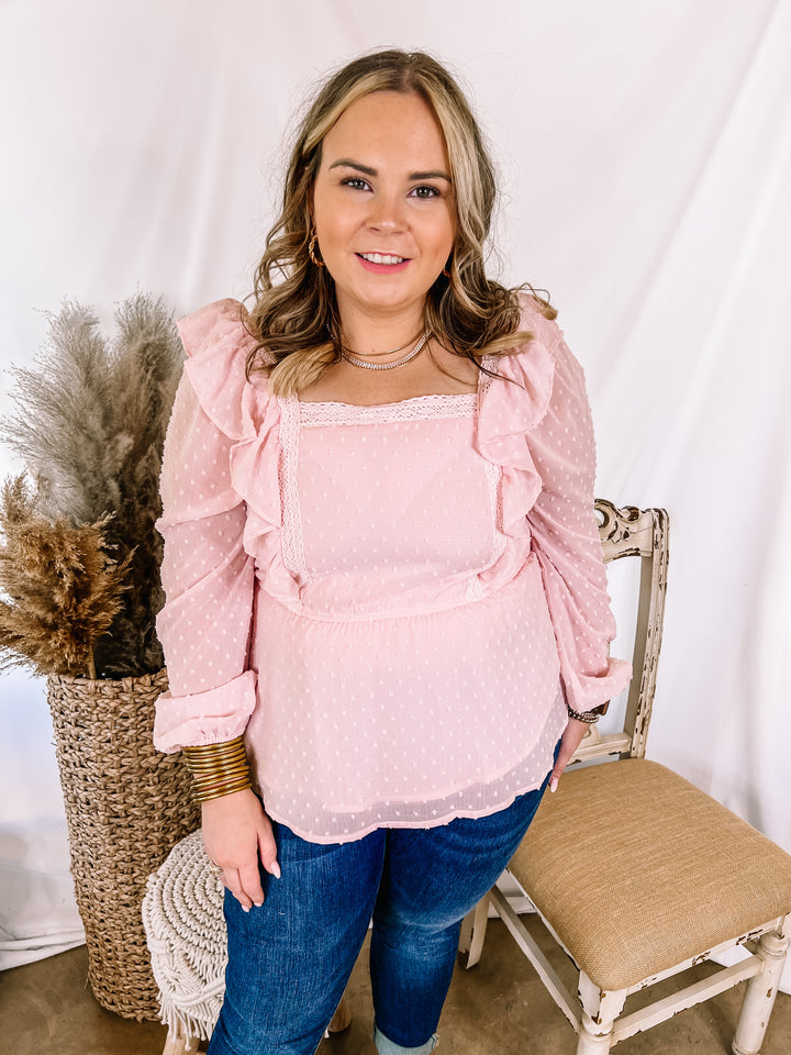 Spring Into Action Swiss Dot Long Sleeve Peplum Top with Ruffle Detail in Baby Pink - Giddy Up Glamour Boutique