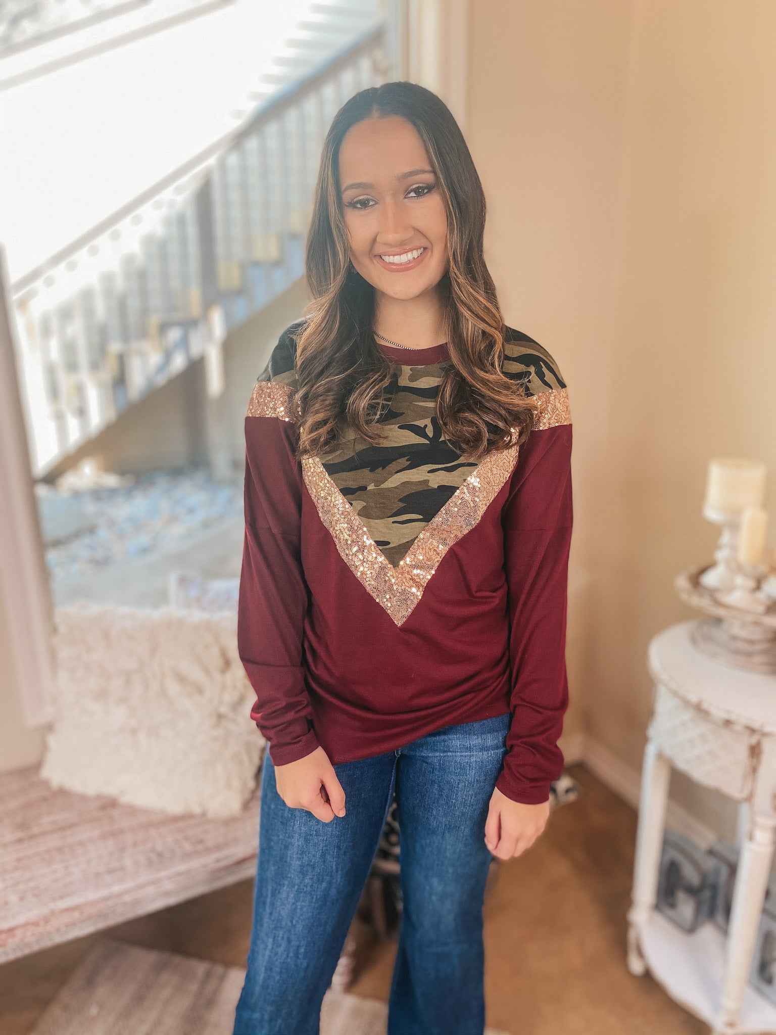 A Sparkly Mindset Camouflage and Sequin Color Block Top in Maroon