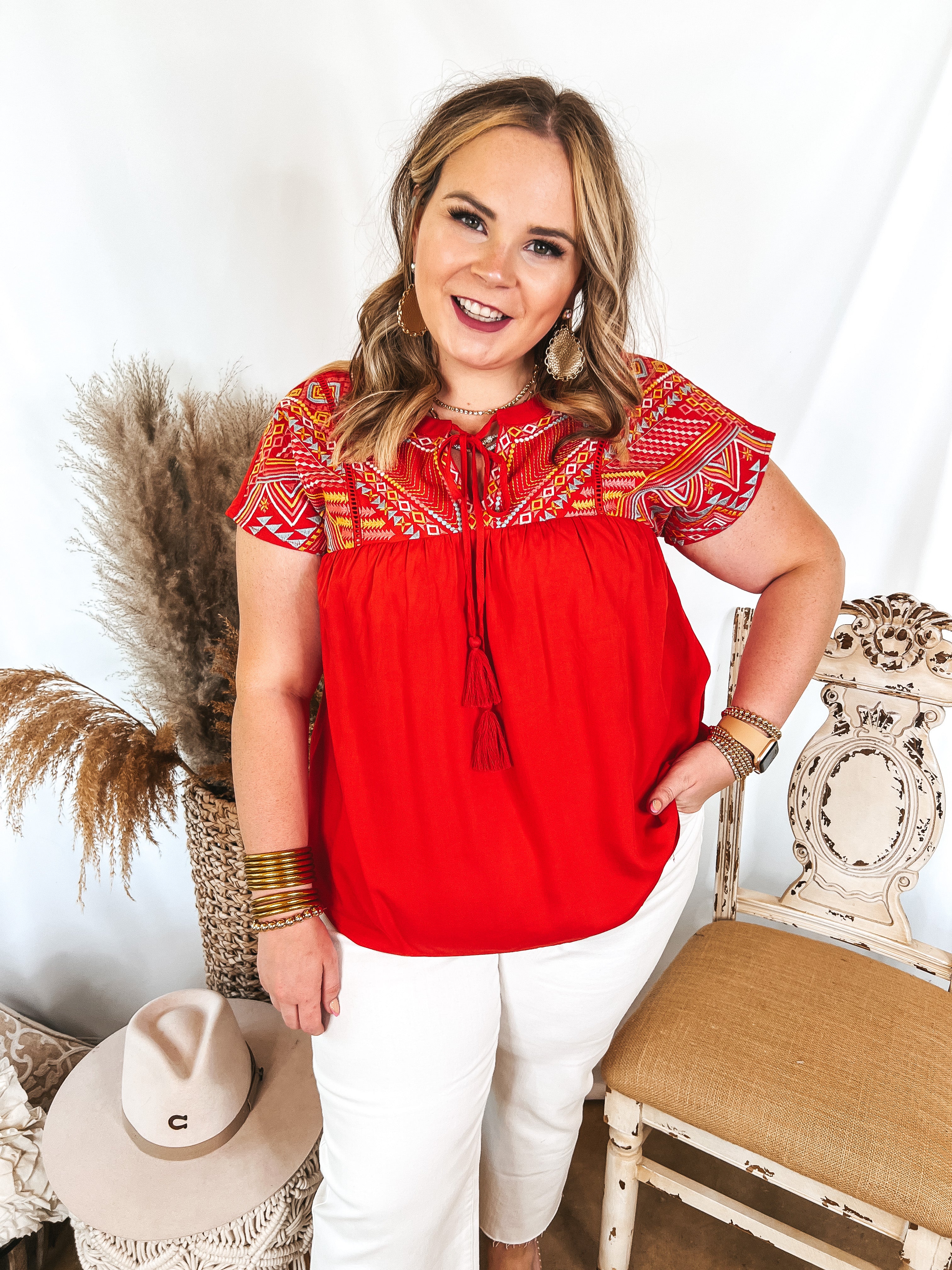 Forgotten Paradise Embroidered Top with Front Tie in Red - Giddy Up Glamour Boutique