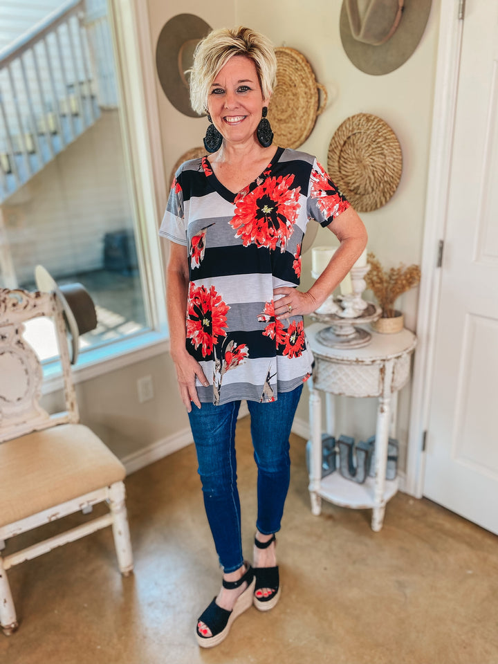 Keep Things Simple Floral and Striped V Neck Tee in Black and Coral - Giddy Up Glamour Boutique
