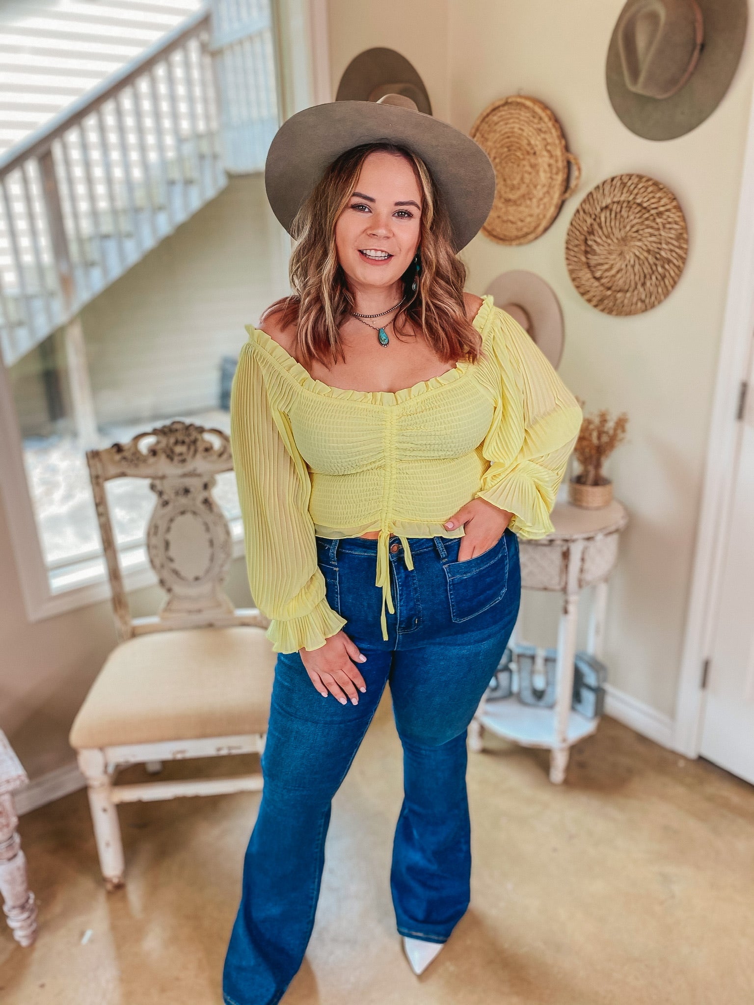 Last Chance Size Large | Sweet in SoCal Smocked Bodice Crop Top with Long Pleated Sleeves in Yellow - Giddy Up Glamour Boutique