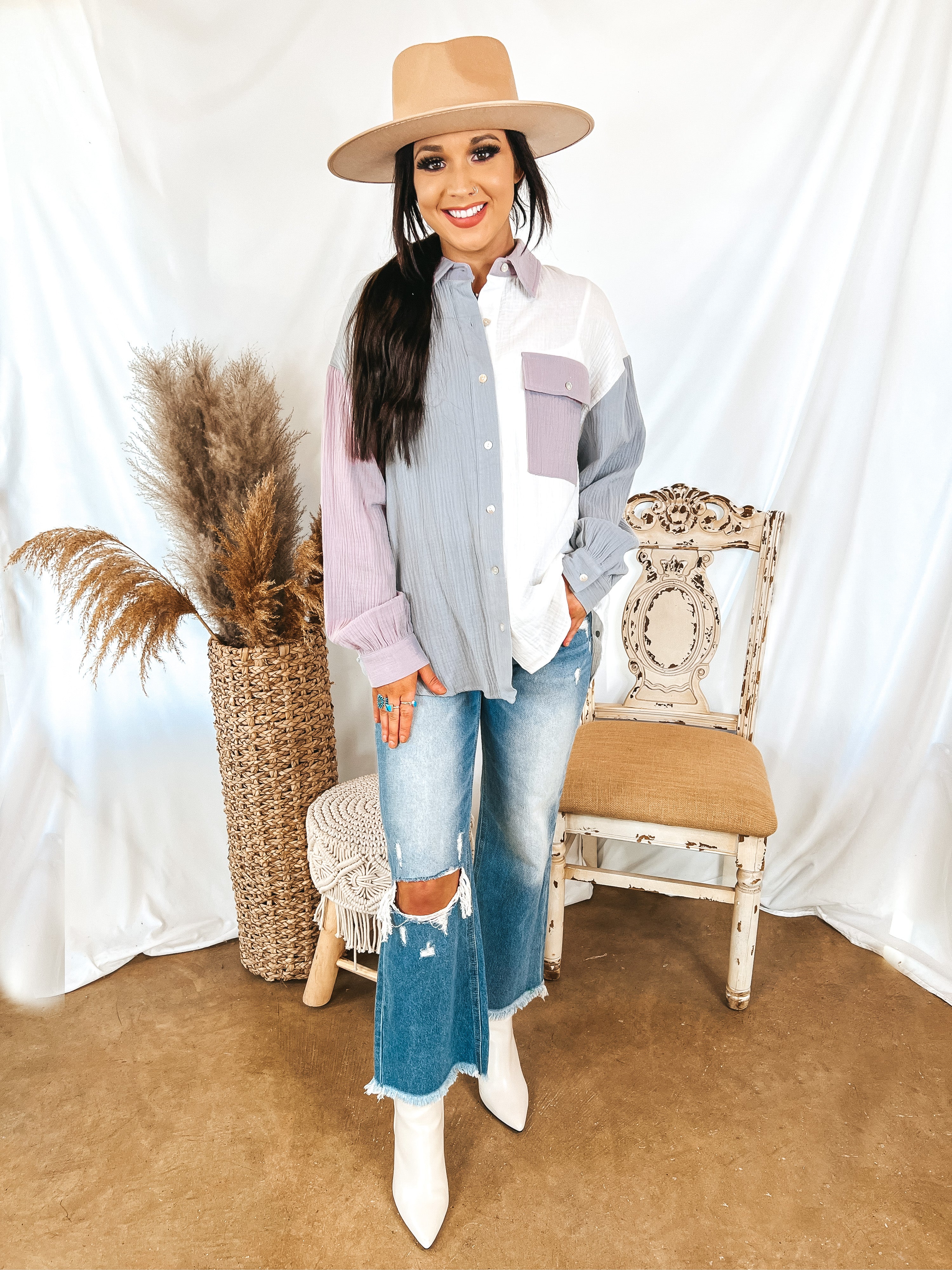 Highly Requested Button Up Color Block Top in Dusty Blue and Purple - Giddy Up Glamour Boutique