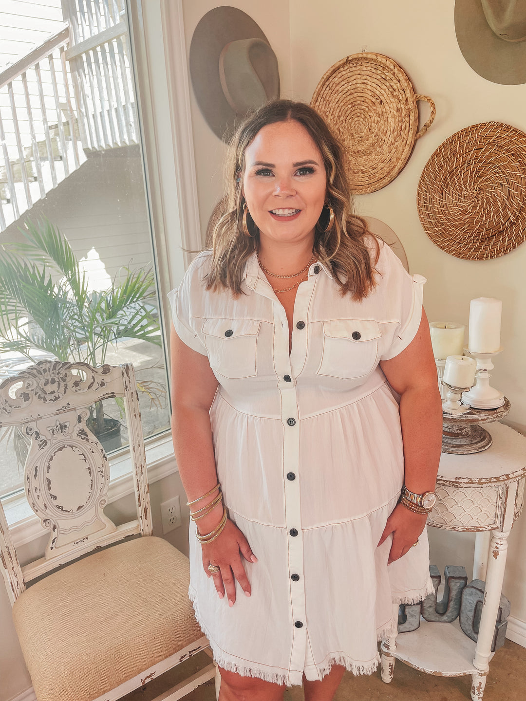 Oh Darling Ruffle Tiered Button Up Dress in Ivory - Giddy Up Glamour Boutique