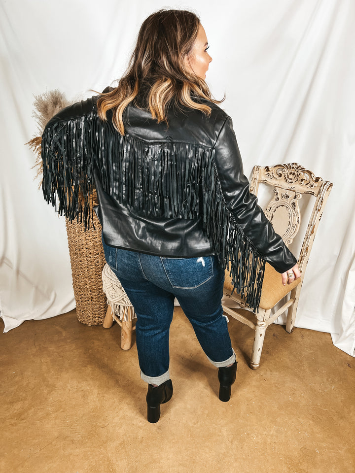 Off the Record Faux Leather Fringe Jacket in Black - Giddy Up Glamour Boutique