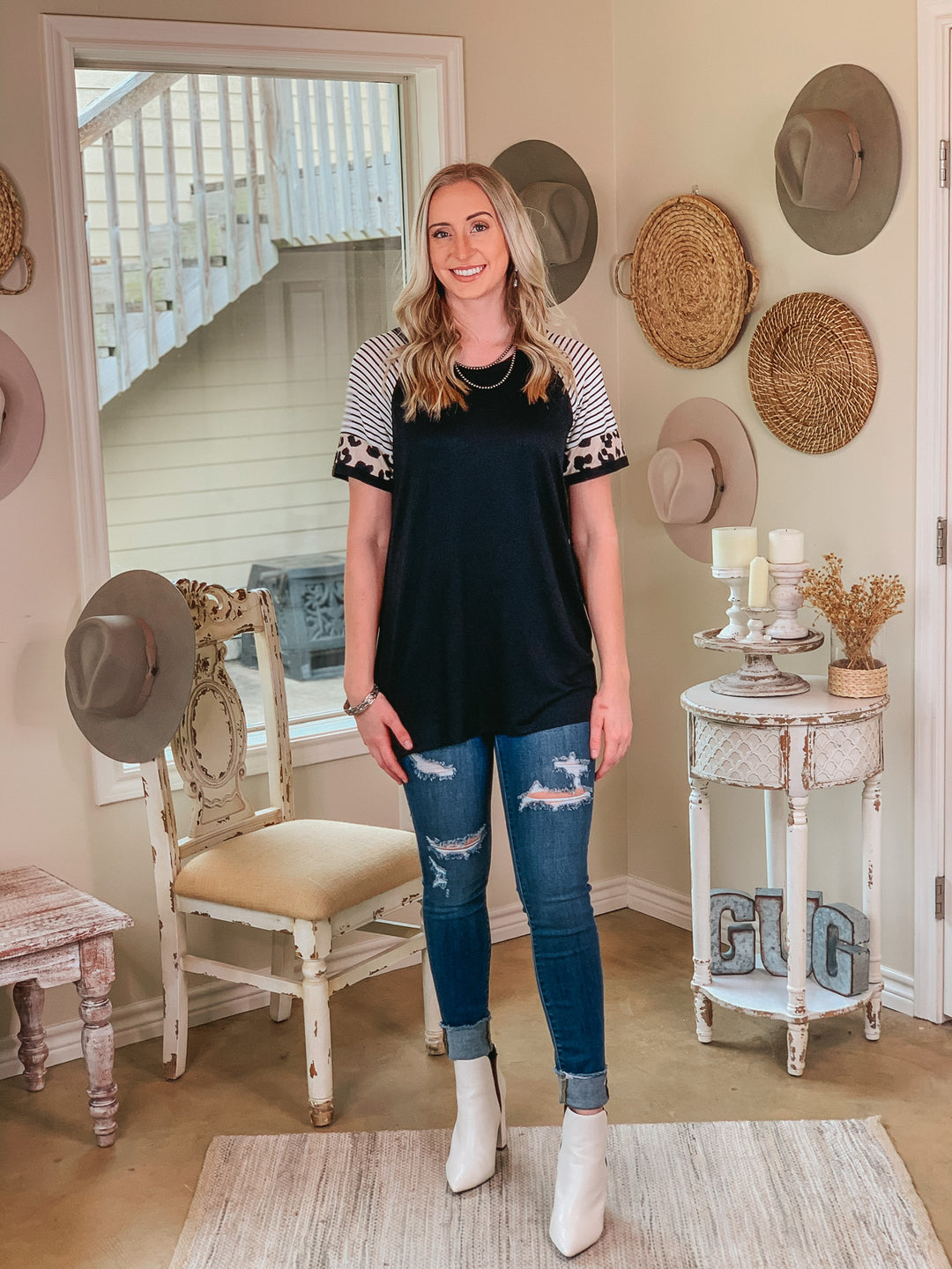 Here All Year Leopard and Stripe Short Sleeve Top in Black - Giddy Up Glamour Boutique
