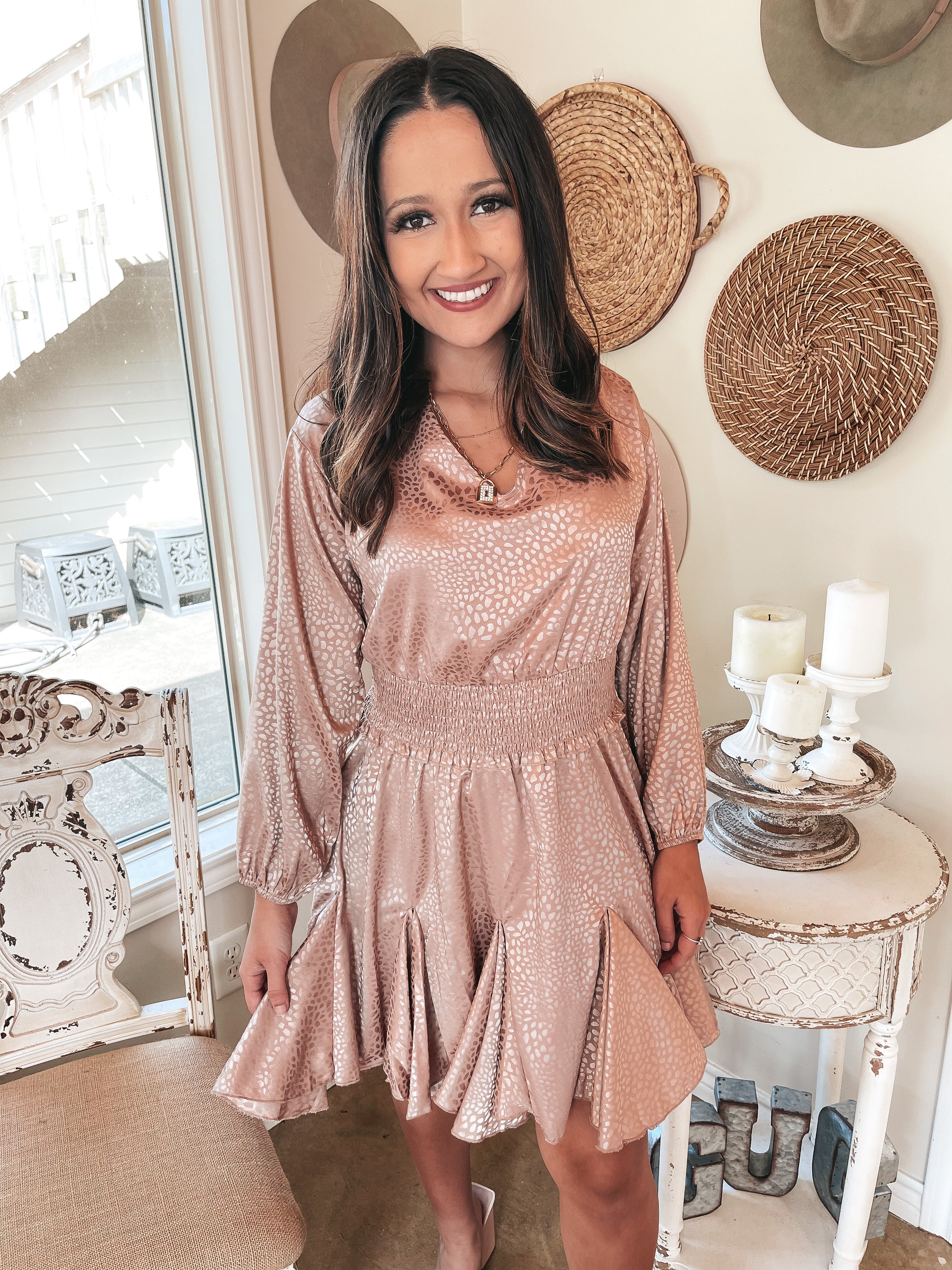 Wine Toast Dotted Smocked Waist V Neck Satin Dress in Blush - Giddy Up Glamour Boutique