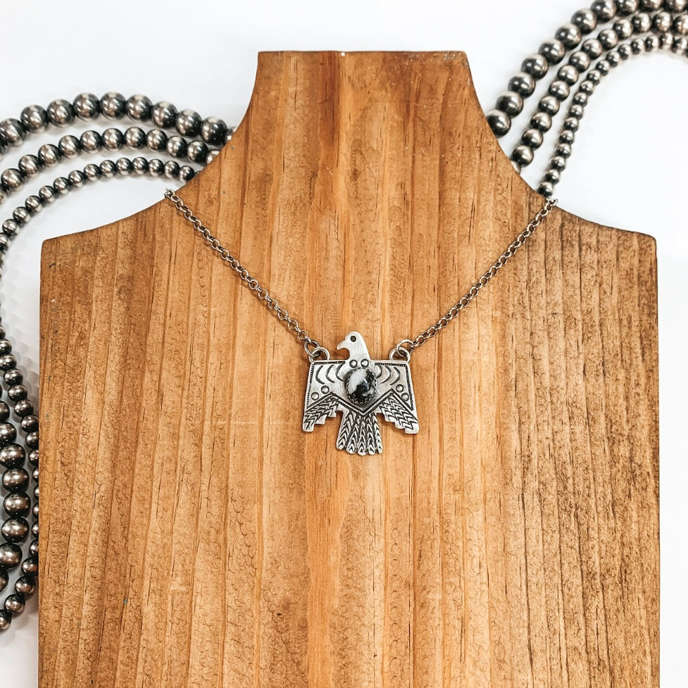 Navajo |  Navajo Handmade Sterling Silver Thunderbird Necklace with White Buffalo Stone - Giddy Up Glamour Boutique