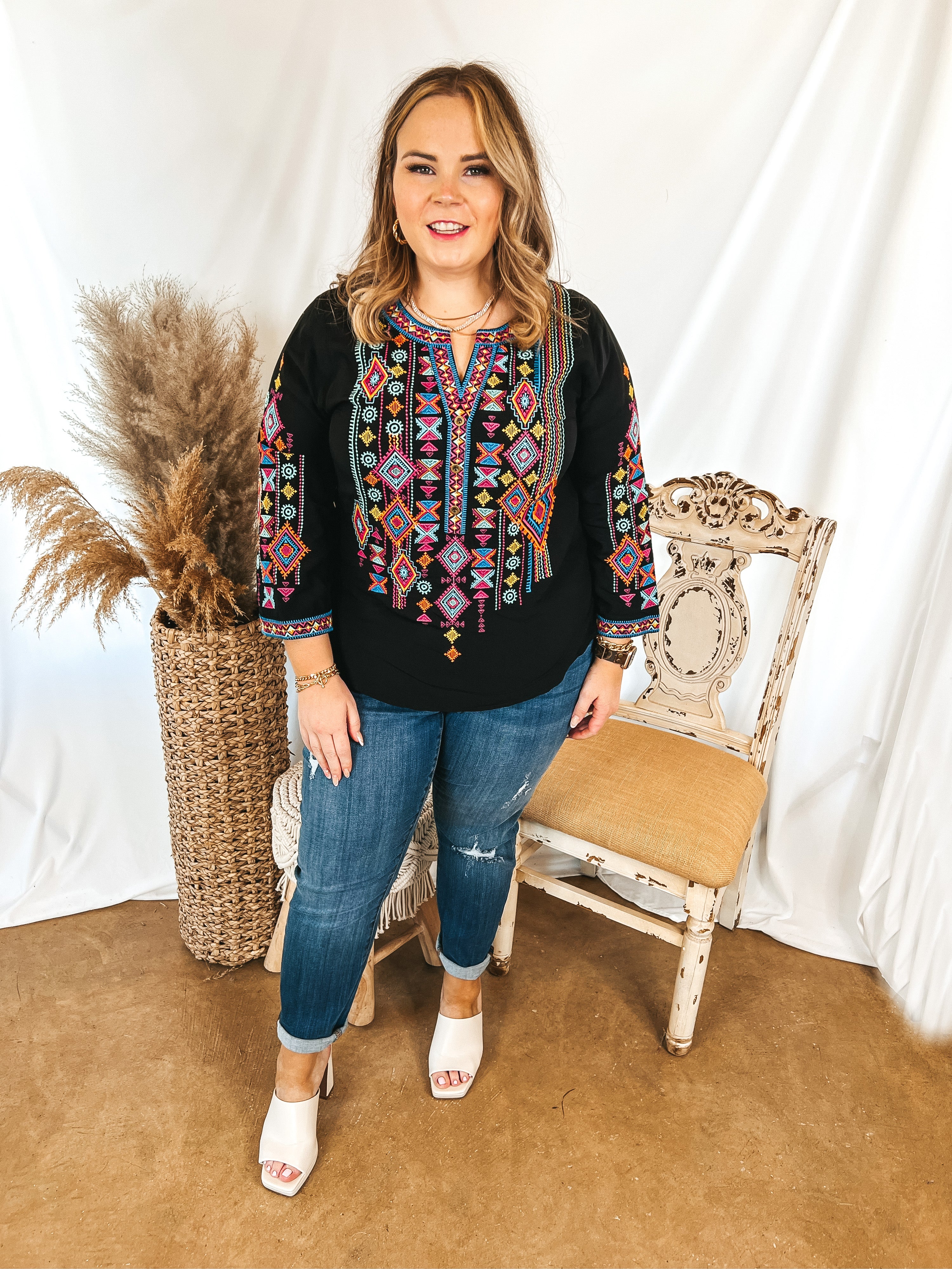 Spring Fling 3/4 Sleeve Aztec Print Embroidered Top with Notched Neck in Black - Giddy Up Glamour Boutique
