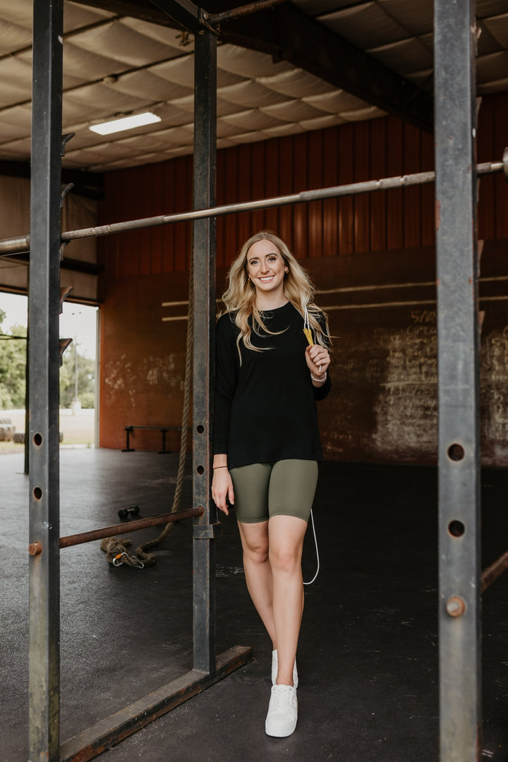 Take A Lap Mid Thigh Biker Shorts in Olive Green - Giddy Up Glamour Boutique