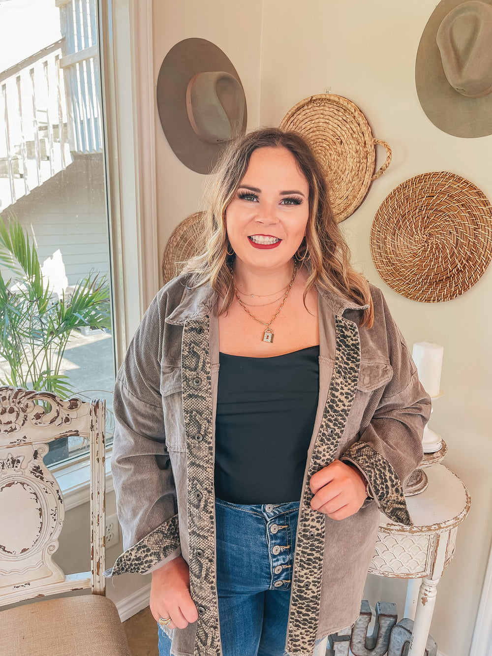 Plus Sizes | Deer Valley Resort Corduroy Shacket with Animal Print Trim in Stone Grey - Giddy Up Glamour Boutique