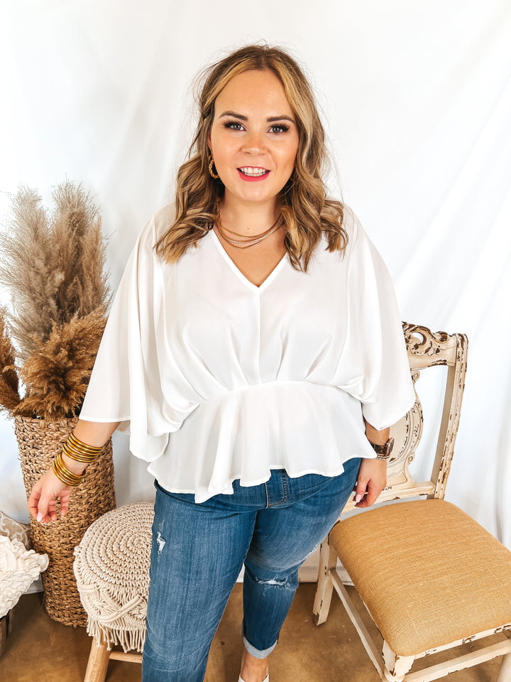 Hear the Music Drop Sleeve V Neck Peplum Top in White - Giddy Up Glamour Boutique
