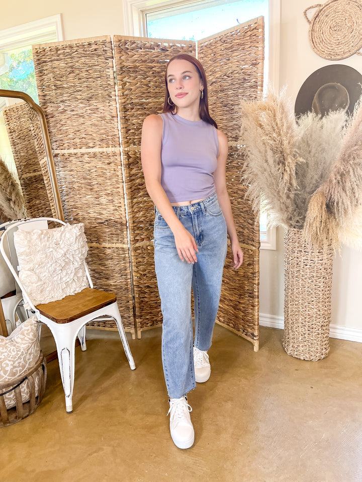 Chill Date High Cropped Muscle Tank Top in Dusty Lilac - Giddy Up Glamour Boutique