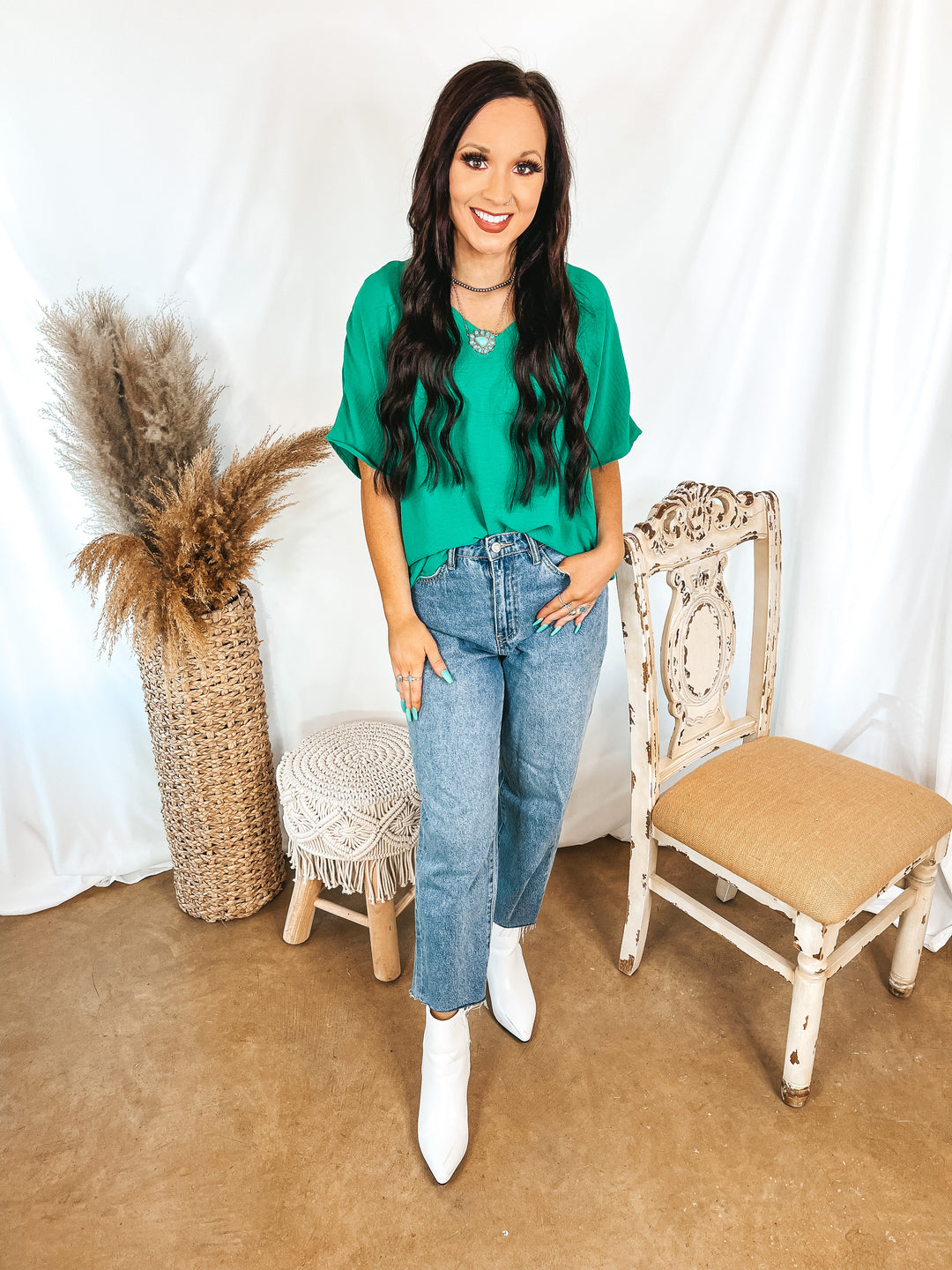 Lovely Dear V Neck Short Sleeve Solid Top in Green - Giddy Up Glamour Boutique