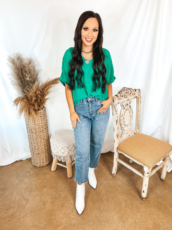 Lovely Dear V Neck Short Sleeve Solid Top in Green - Giddy Up Glamour Boutique