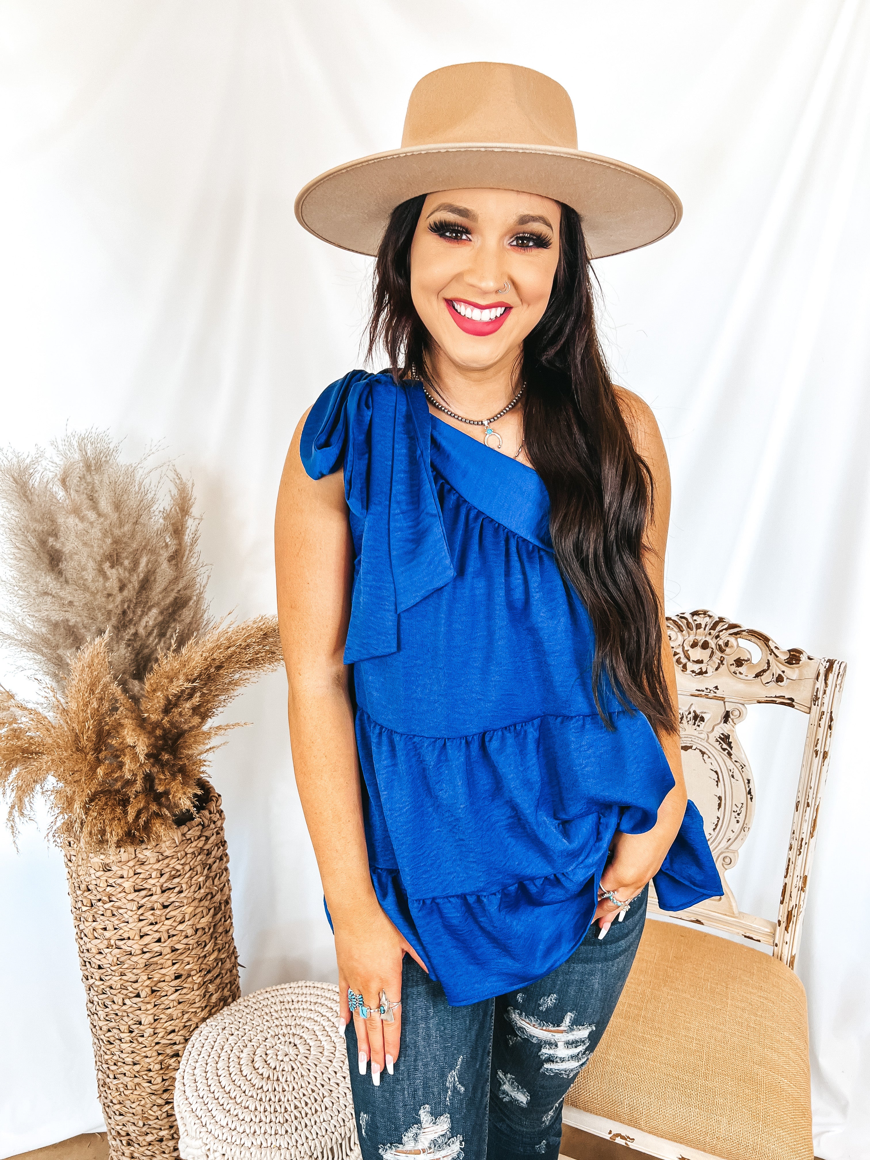Sparks In the Air Tie One Shoulder Tiered Blouse in Royal Blue - Giddy Up Glamour Boutique