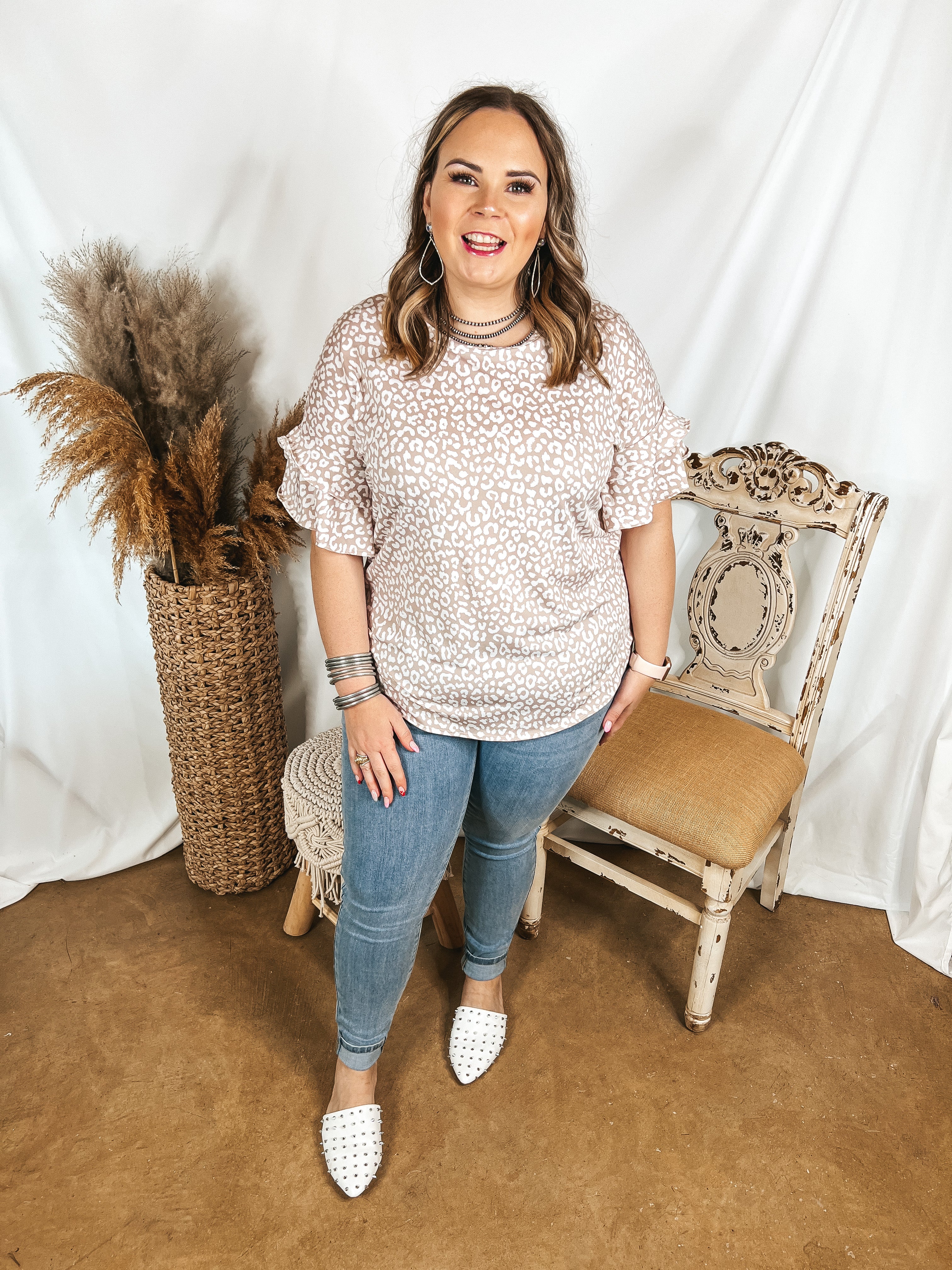 Set The Standard Short Sleeve Leopard Print Top with Ruffled Sleeves in Beige - Giddy Up Glamour Boutique