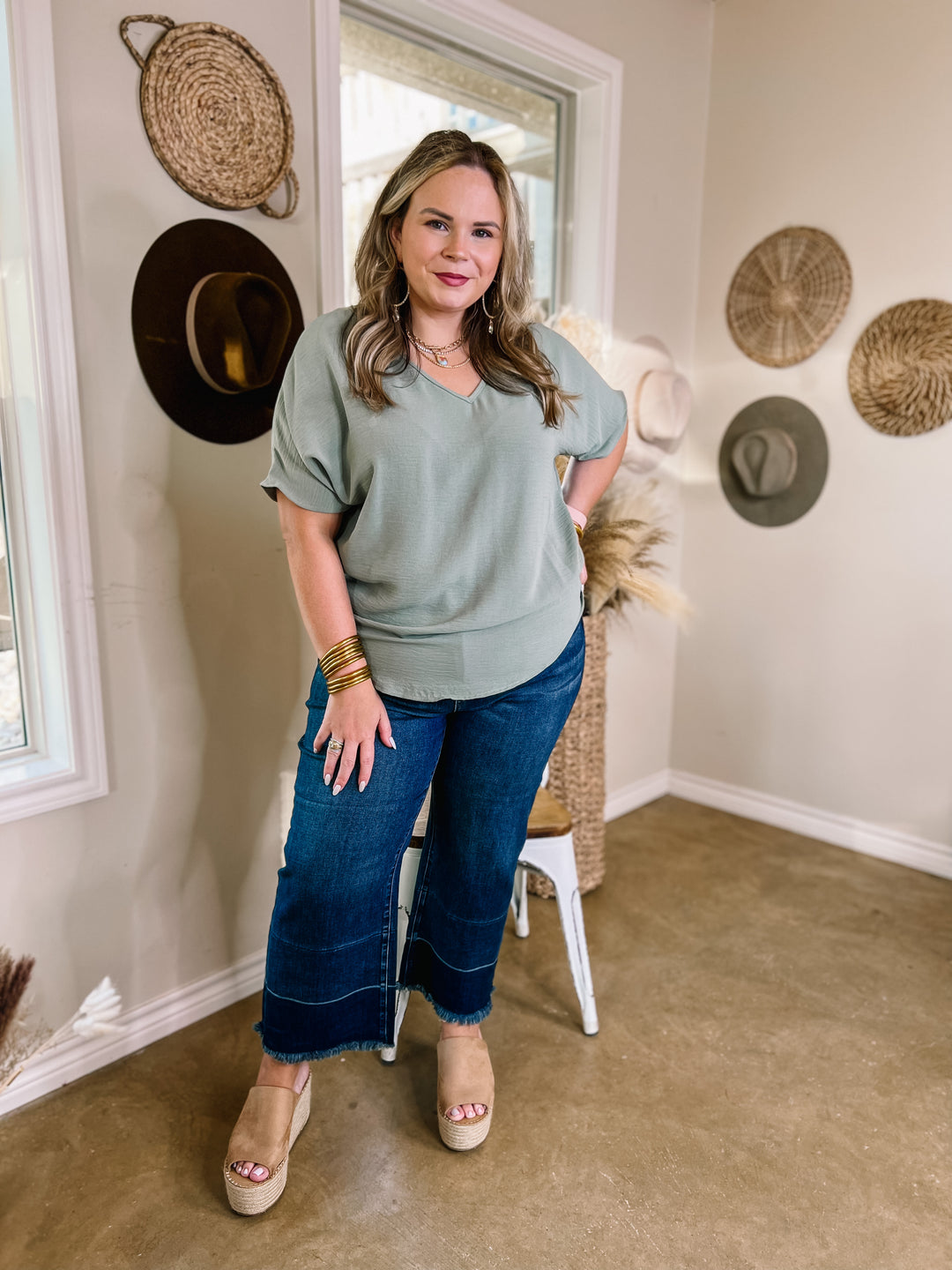 Lovely Dear V Neck Short Sleeve Solid Top in Sage Green - Giddy Up Glamour Boutique