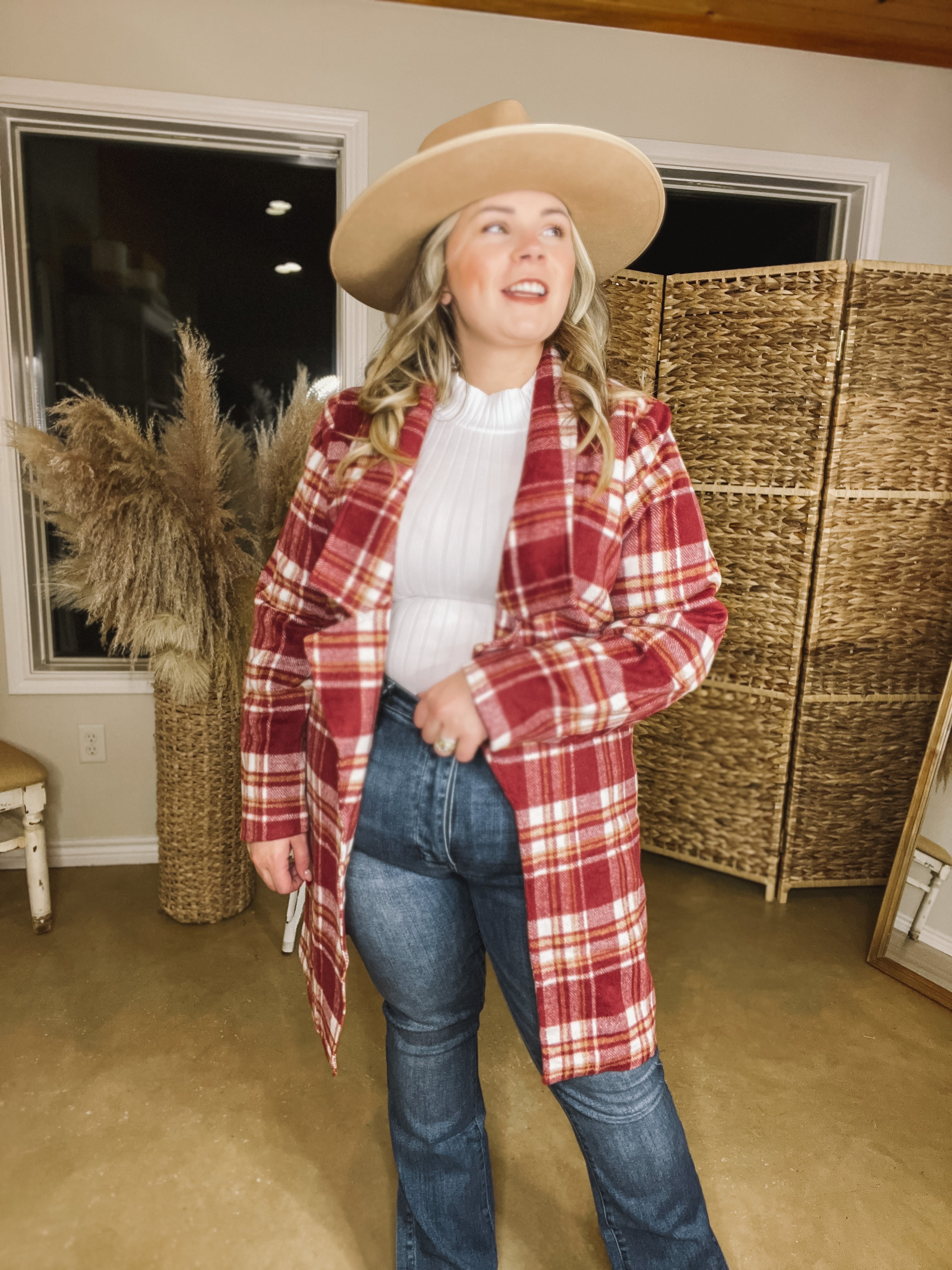 Mountain Ranch Long Plaid Jacket in Maroon - Giddy Up Glamour Boutique