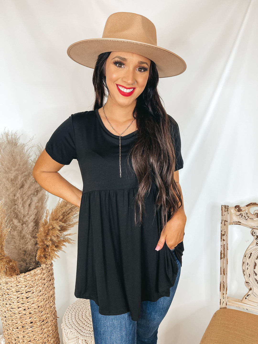 Forever Mine Short Sleeve Babydoll Top in Black - Giddy Up Glamour Boutique