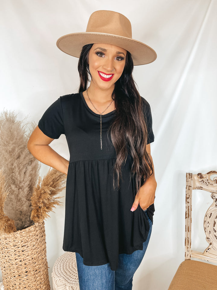 Forever Mine Short Sleeve Babydoll Top in Black - Giddy Up Glamour Boutique