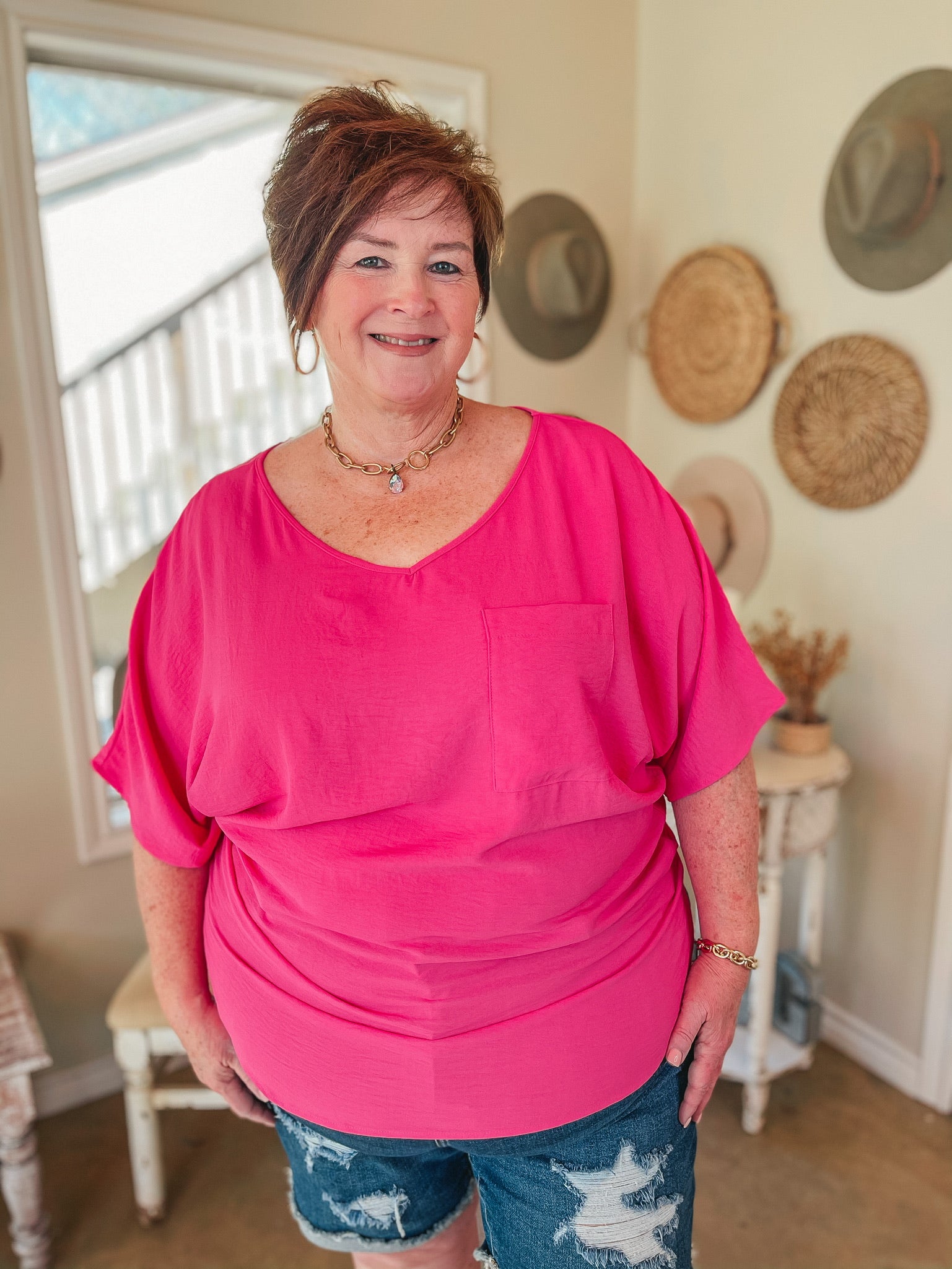 On Record V Neck Short Sleeve Shift Top with Front Pocket in Fuchsia - Giddy Up Glamour Boutique