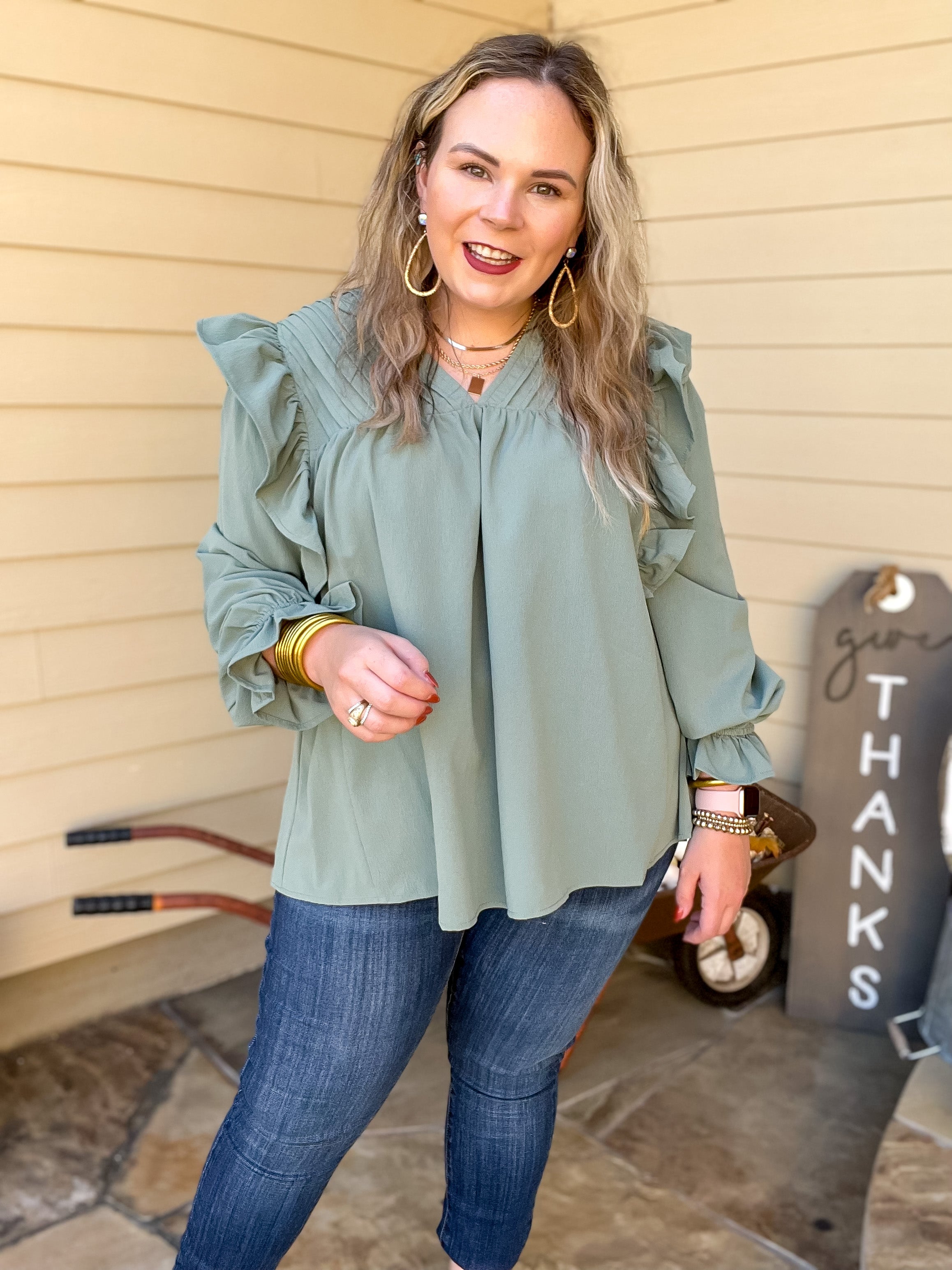Coffee Perks Ruffle Detail Long Sleeve Top in Sage Green - Giddy Up Glamour Boutique