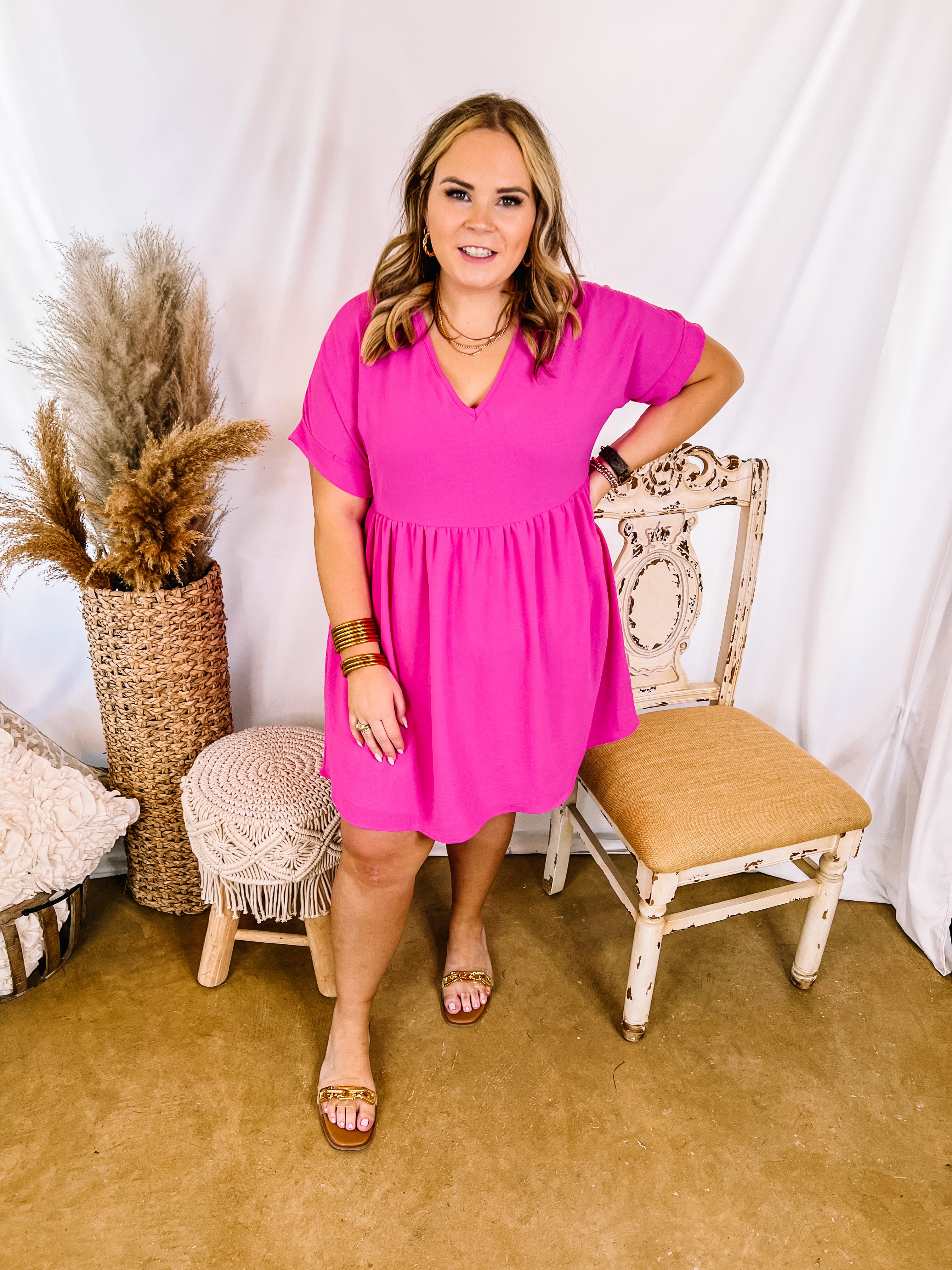 Touring the City V Neck Babydoll Dress in Fuchsia Pink - Giddy Up Glamour Boutique