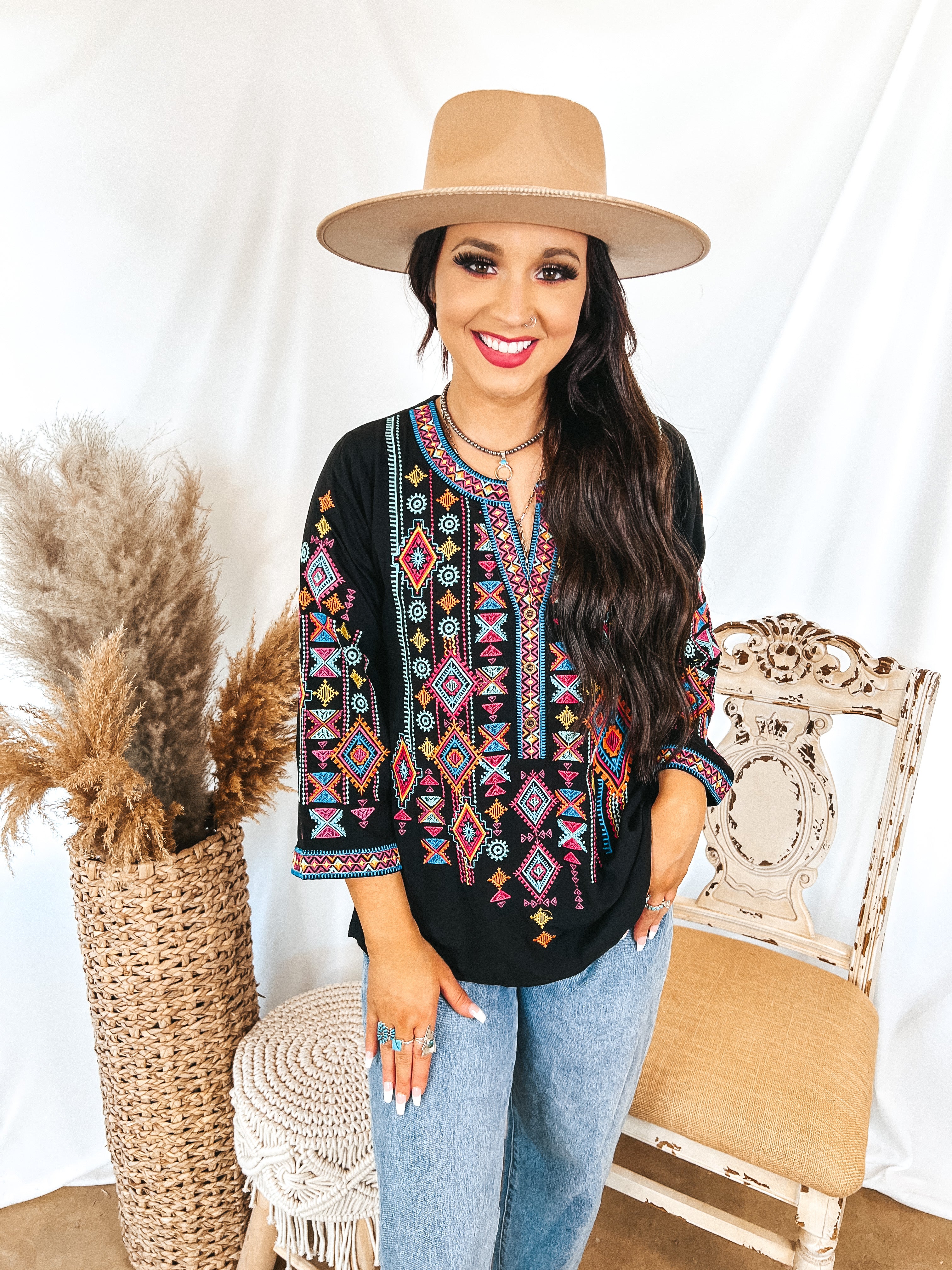 Spring Fling 3/4 Sleeve Aztec Print Embroidered Top with Notched Neck in Black - Giddy Up Glamour Boutique