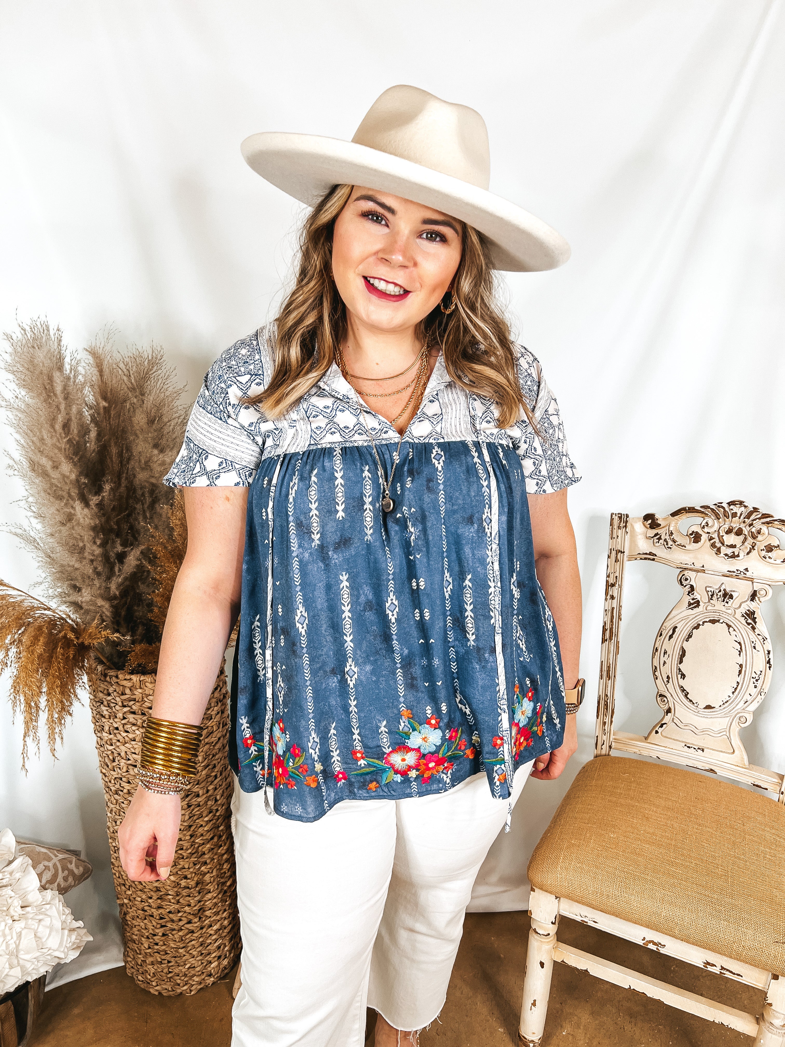 Fun Details Tribal Print Babydoll Top with Floral Embroidery in Blue - Giddy Up Glamour Boutique
