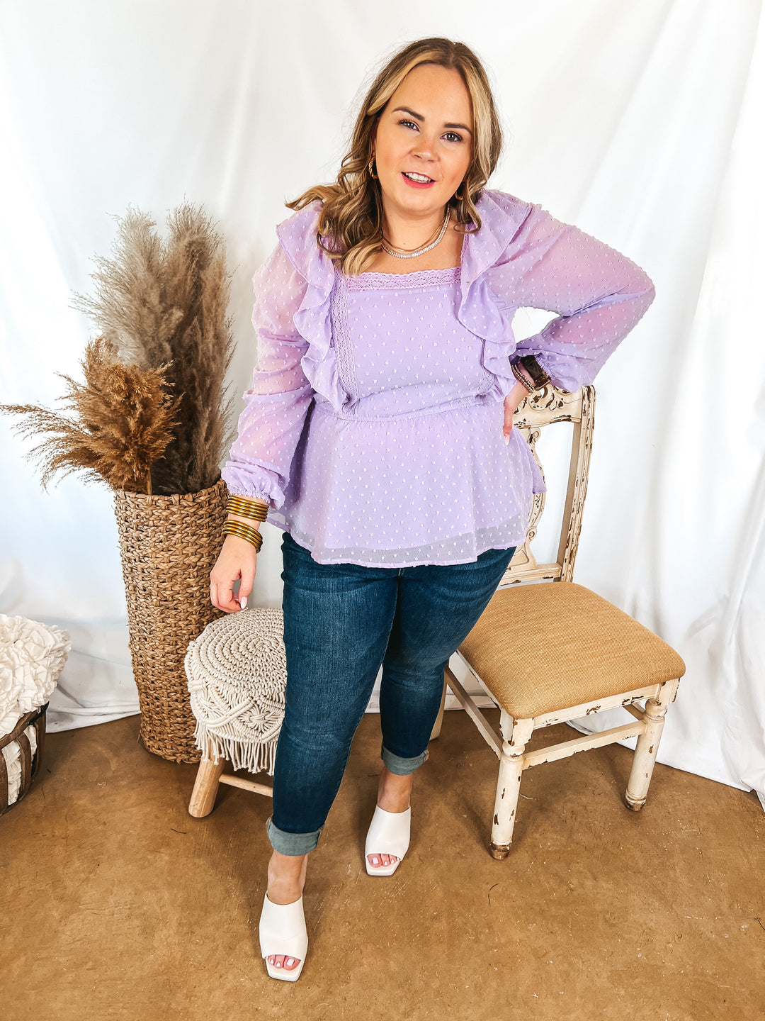 Spring Into Action Swiss Dot Long Sleeve Peplum Top with Ruffle Detail in Lavender - Giddy Up Glamour Boutique
