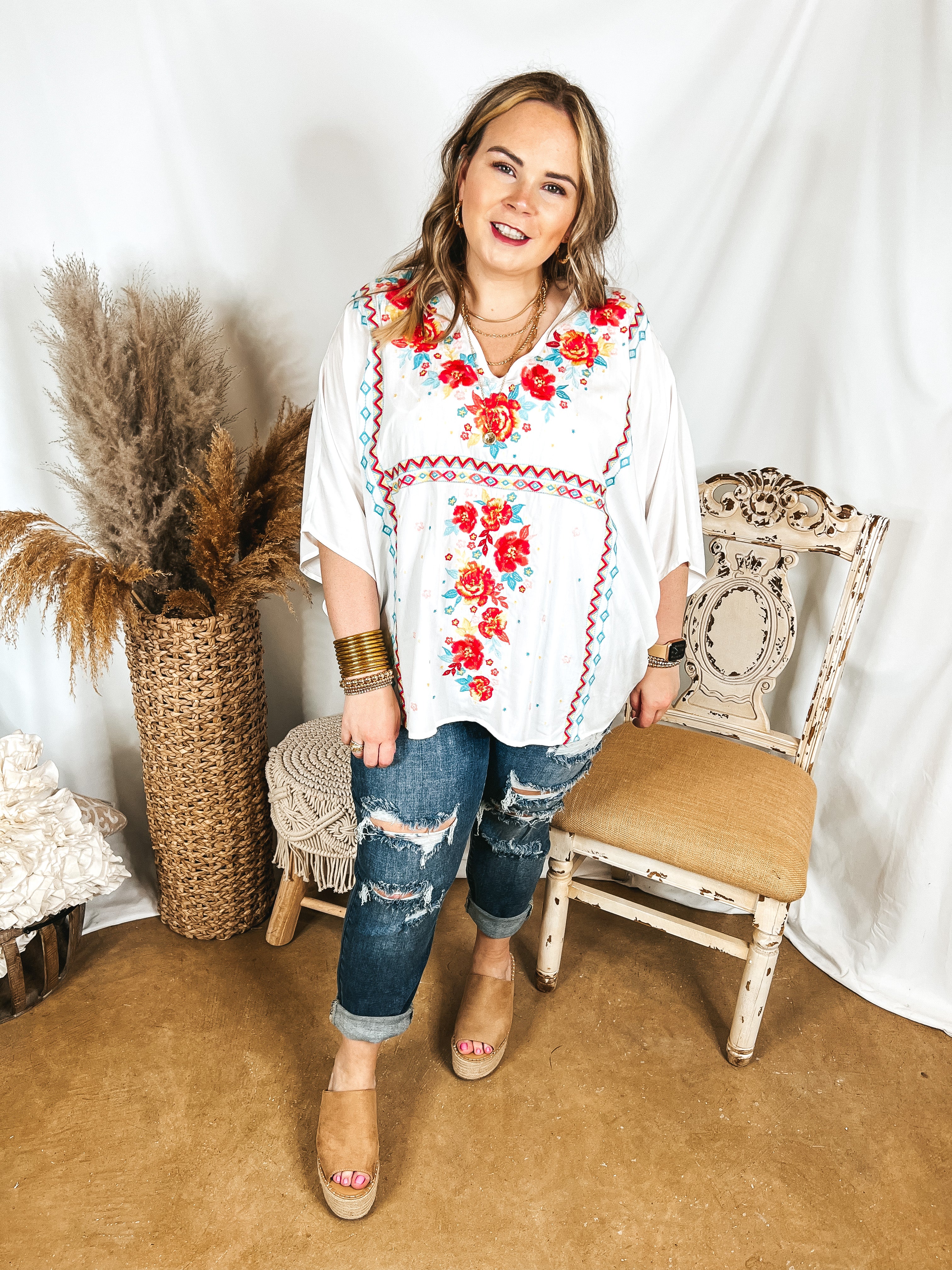 More To The Story Floral Embroidered Poncho Top in White - Giddy Up Glamour Boutique