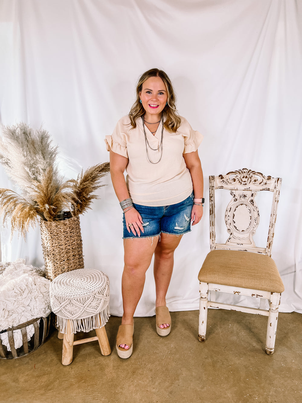 Tuscan Time Ruffle Short Sleeve Top in Beige - Giddy Up Glamour Boutique