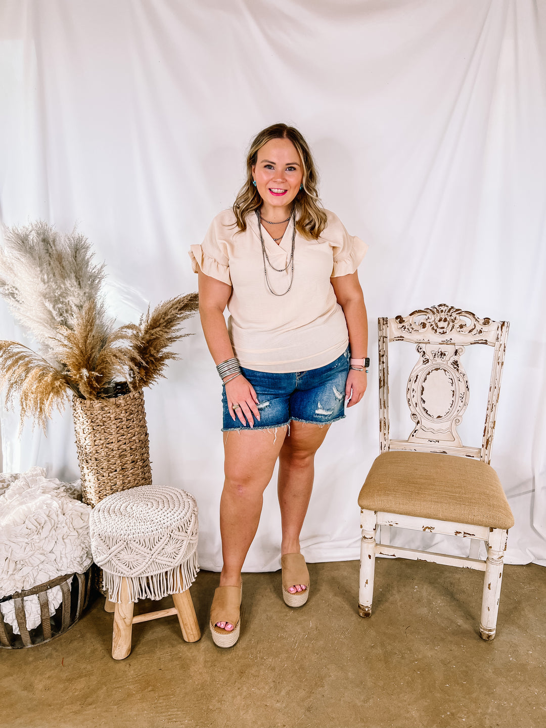 Tuscan Time Ruffle Short Sleeve Top in Beige - Giddy Up Glamour Boutique