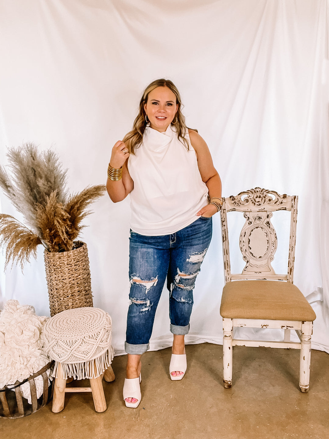 Hot Spot High Cowl Neck Tank Top in Ivory - Giddy Up Glamour Boutique