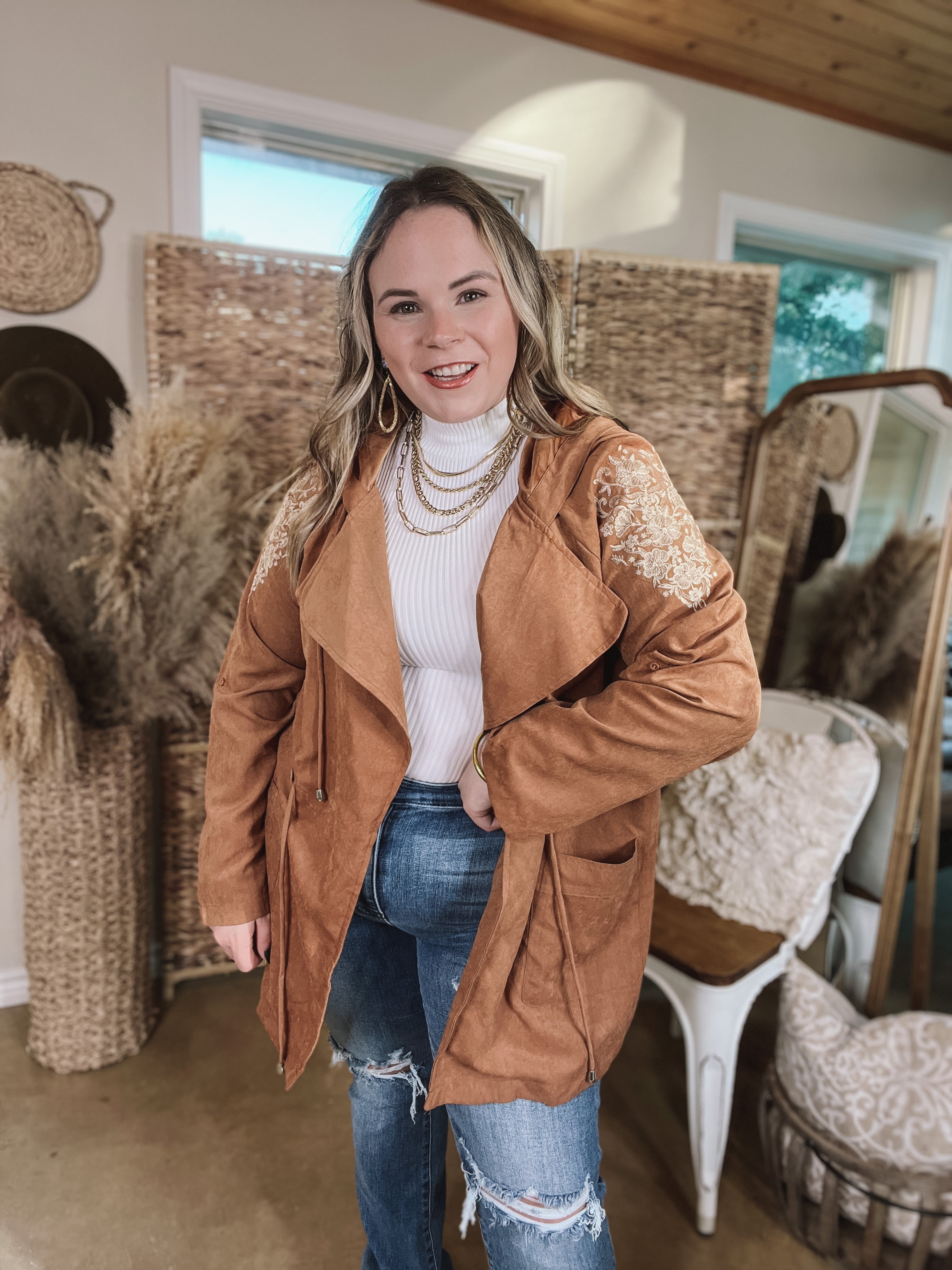 Fill Up Your Cup Embroidered Suede Utility Jacket in Tan - Giddy Up Glamour Boutique