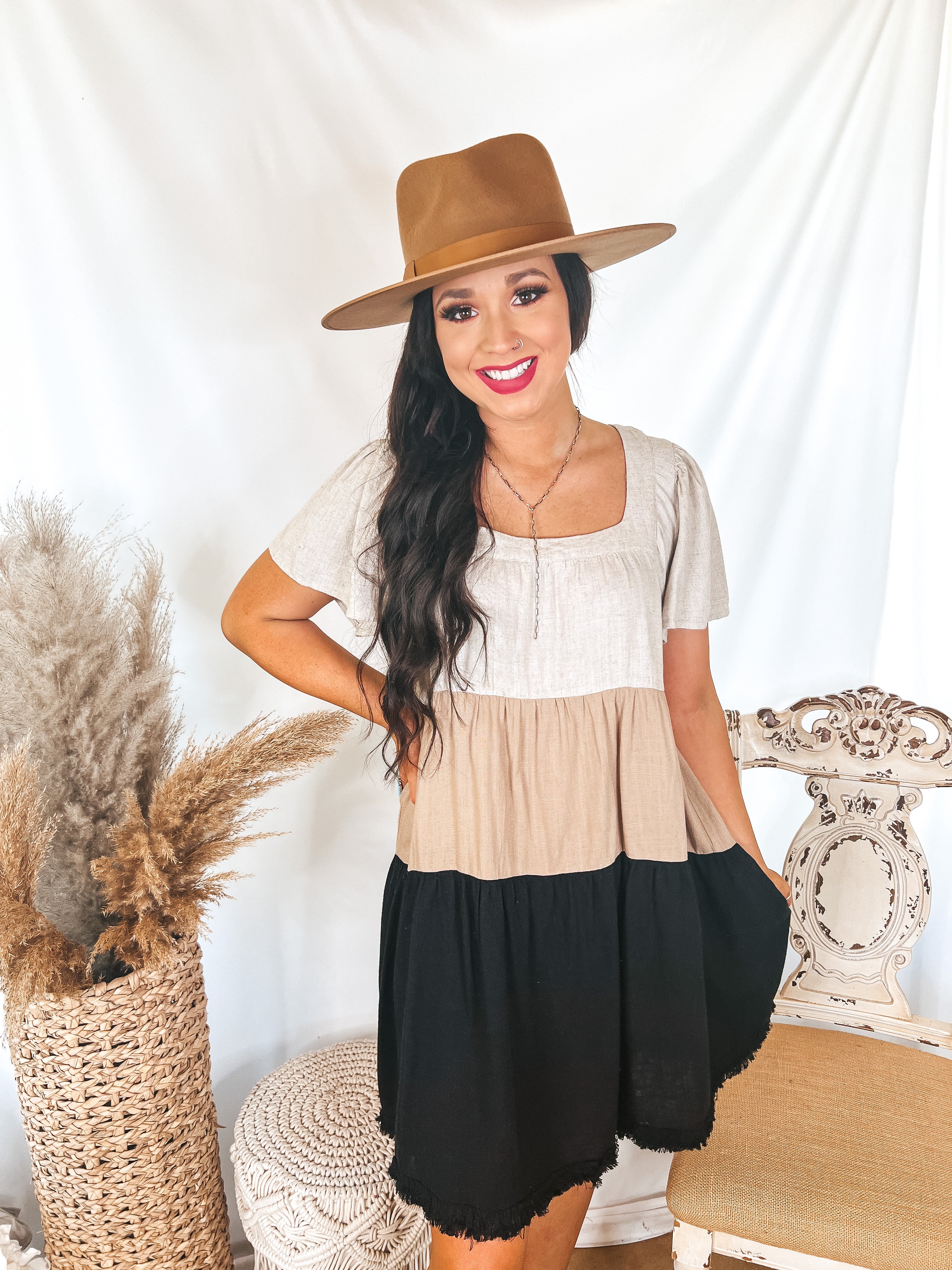 Promised Love Square Neck Color Block Dress in Brown and Black - Giddy Up Glamour Boutique