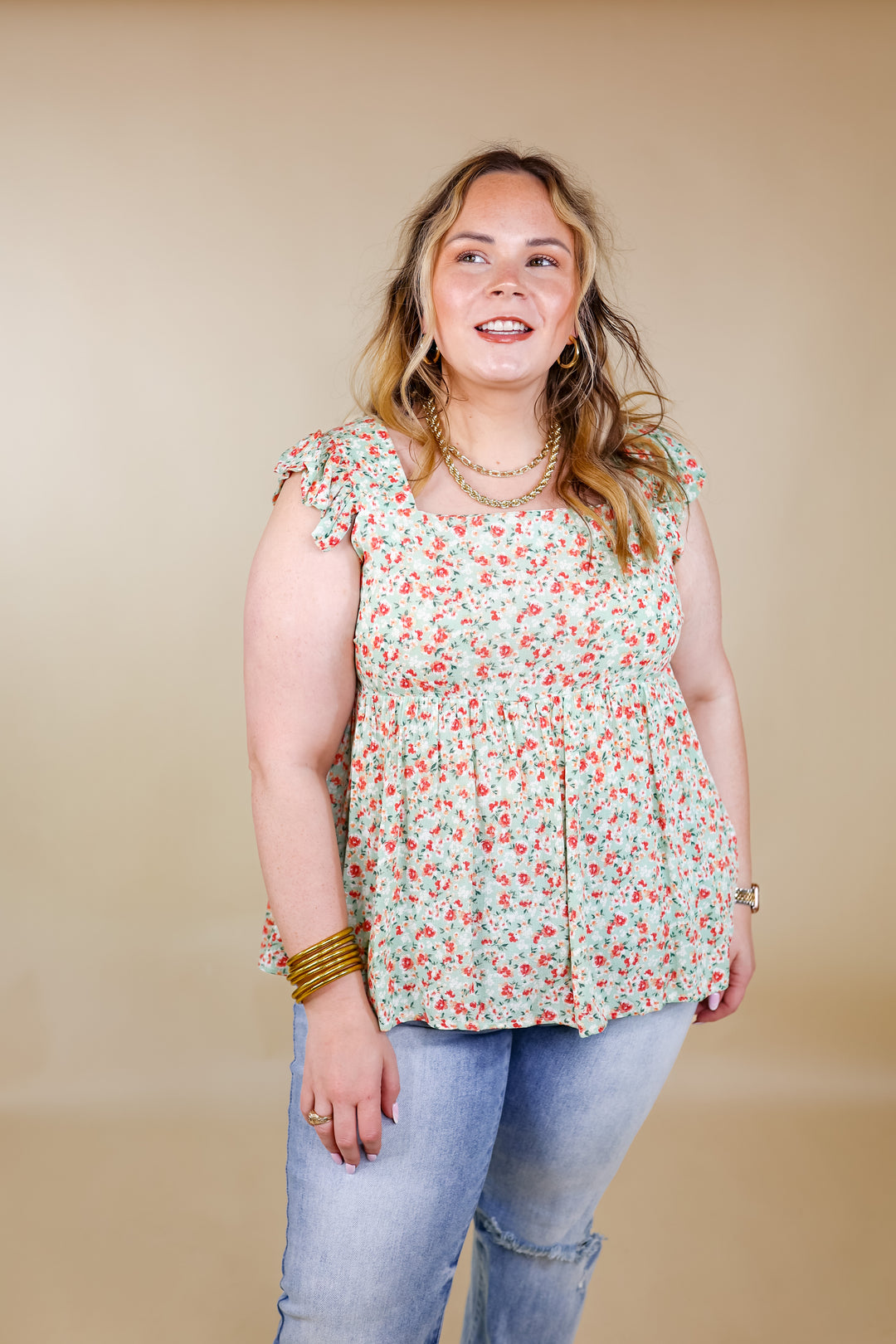 Magic Melody Floral Babydoll Tank Top in Light Sage Green - Giddy Up Glamour Boutique