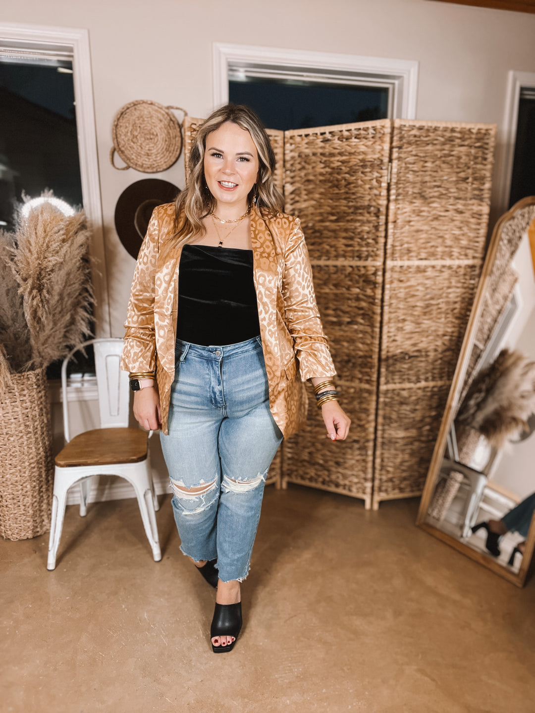 Lasting Impression Leopard Print Blazer with Ruched 3/4 Sleeves in Copper - Giddy Up Glamour Boutique